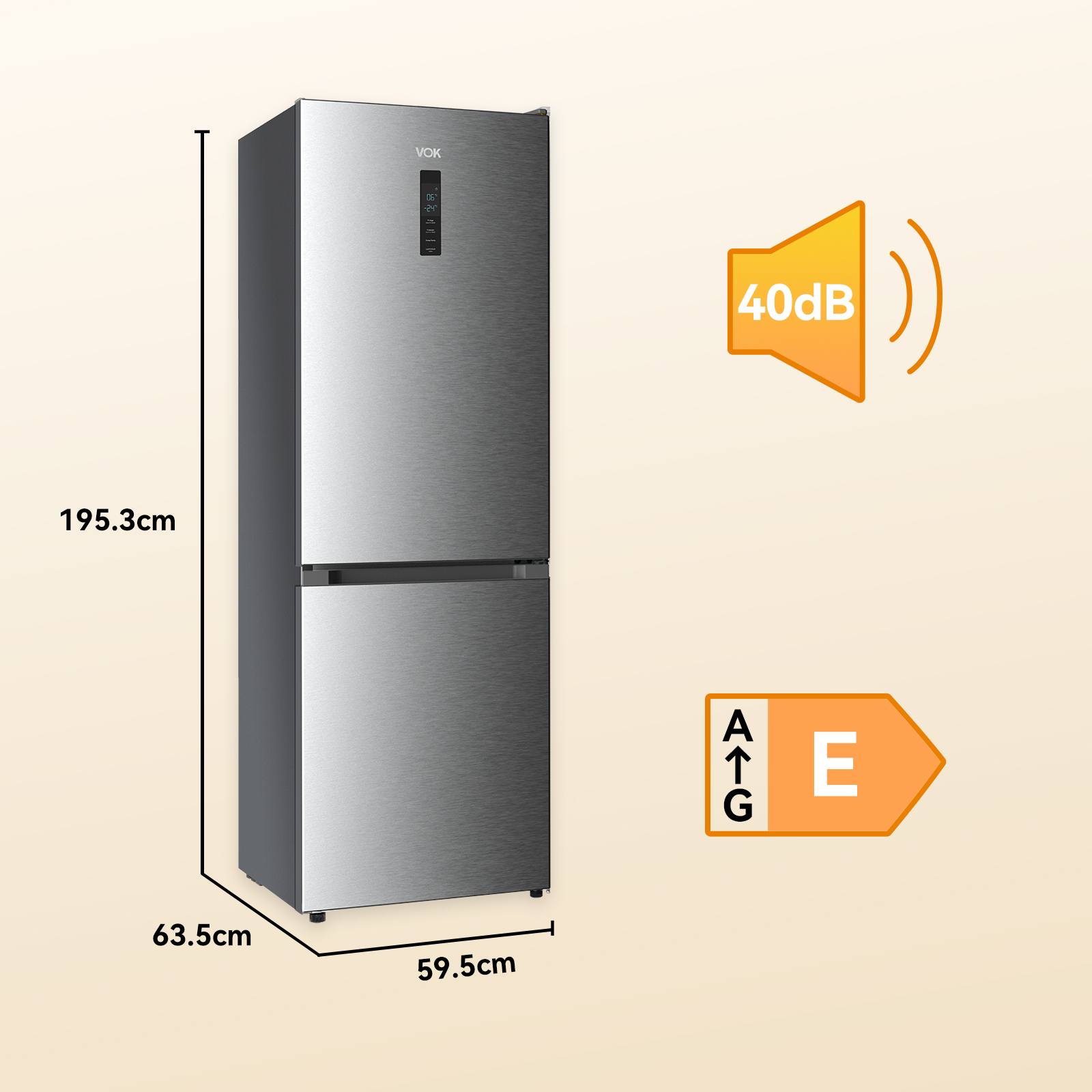 Un refrigerador plateado alto con dimensiones y una etiqueta energética.