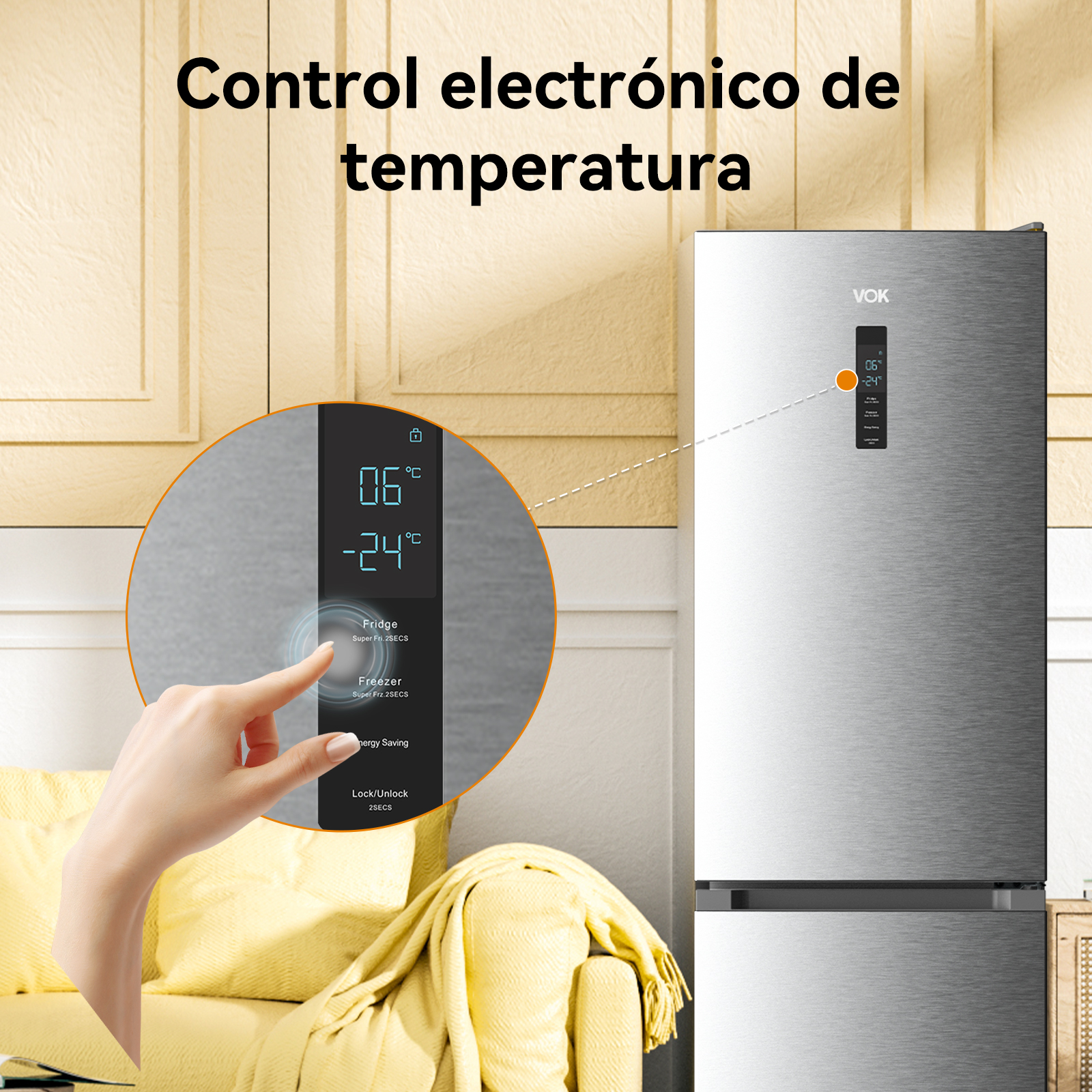 Una mano tocando la pantalla de un refrigerador que muestra controles de temperatura en Celsius.