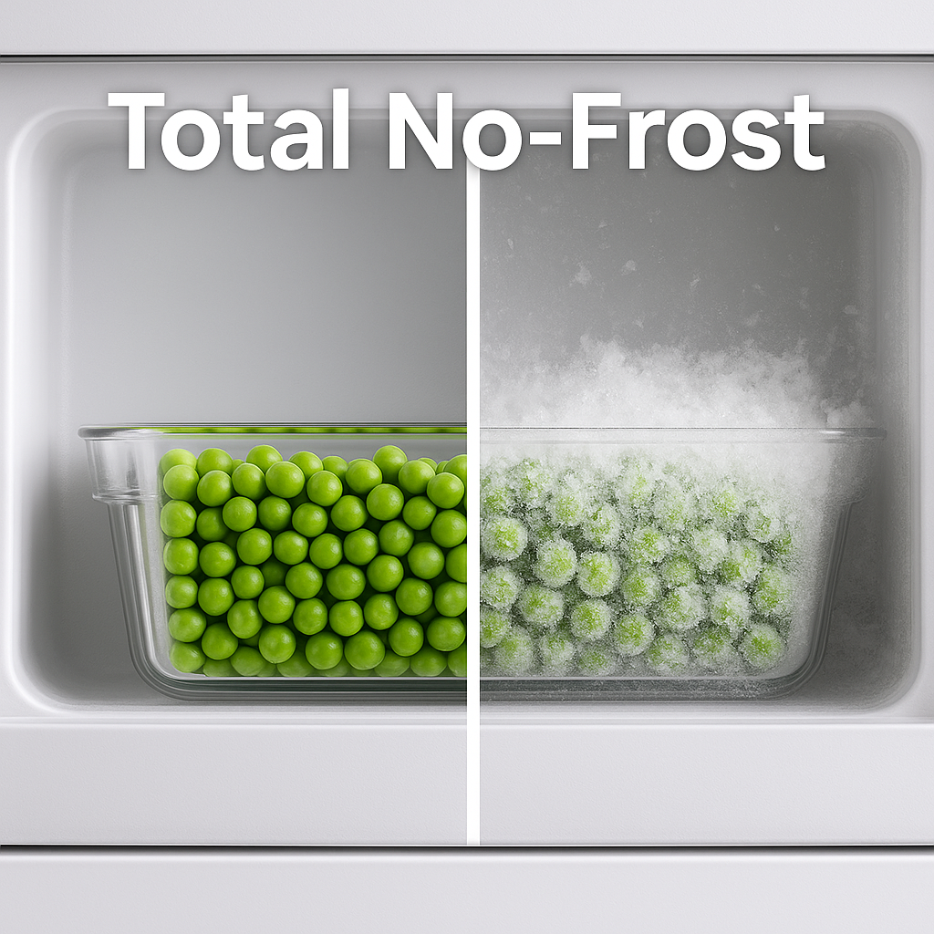 Interior de nevera con texto 'Total No-Frost'. Contenedor de vidrio con guisantes verdes a la izquierda, guisantes escarchados a la derecha. Fondo blanco.