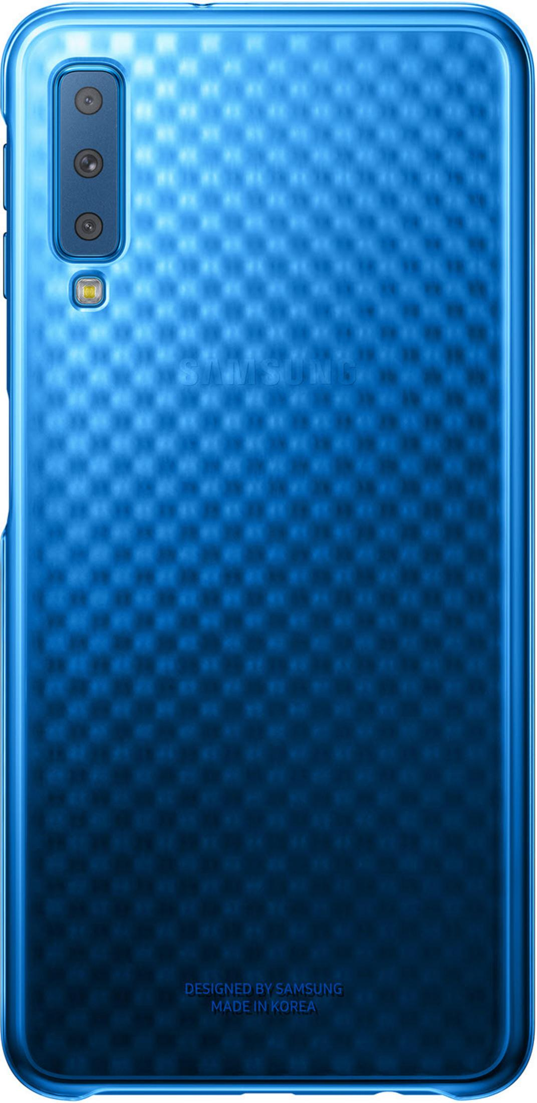 Vista trasera de un teléfono degradado azul, con tres cámaras y el logotipo de Samsung. Diseñado por Samsung.