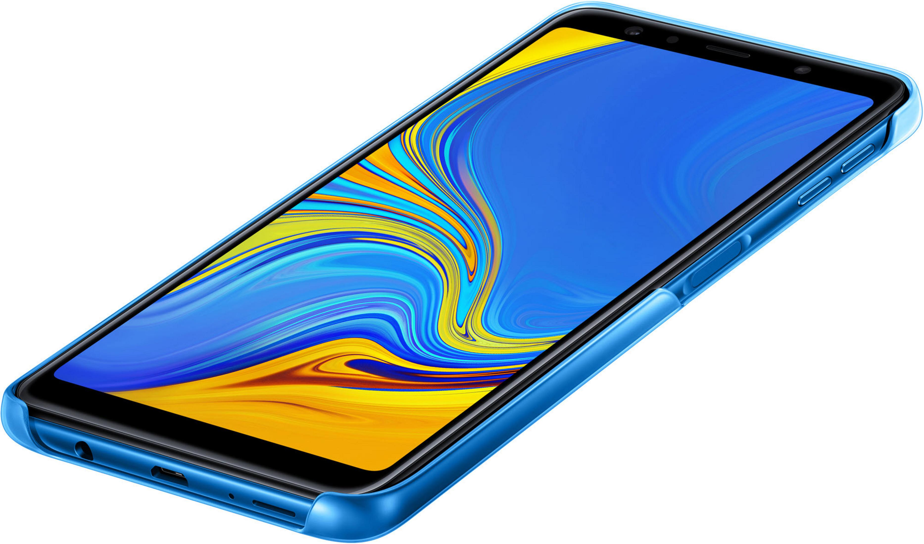 Funda azul en un teléfono. El teléfono tiene un diseño abstracto azul y amarillo en la pantalla. La funda cubre los bordes del teléfono.