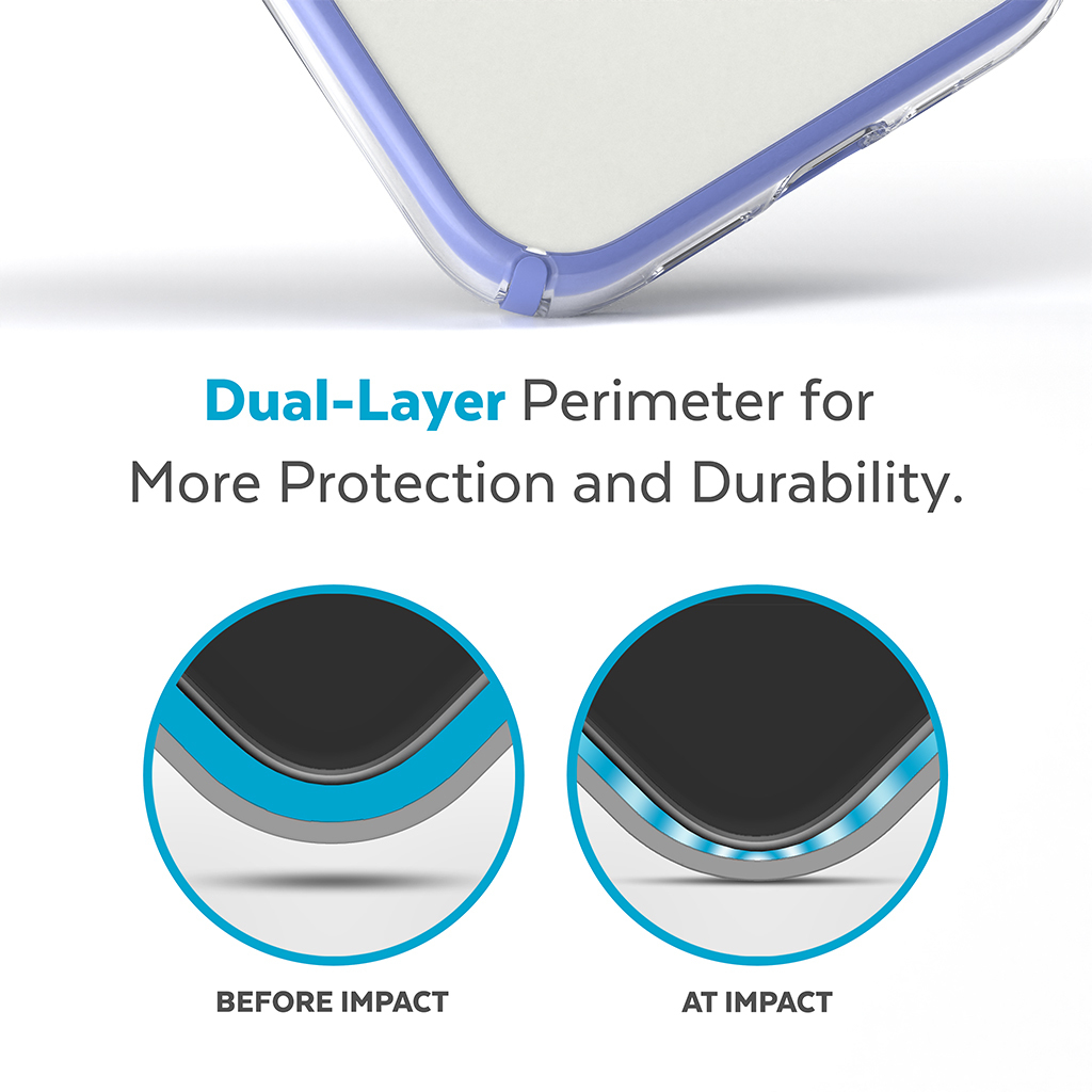 L'immagine mostra il dettaglio della custodia del telefono. Diagrammi prima e dopo l'impatto. Testo: 'Dual-Layer Perimeter for More Protection and Durability'.