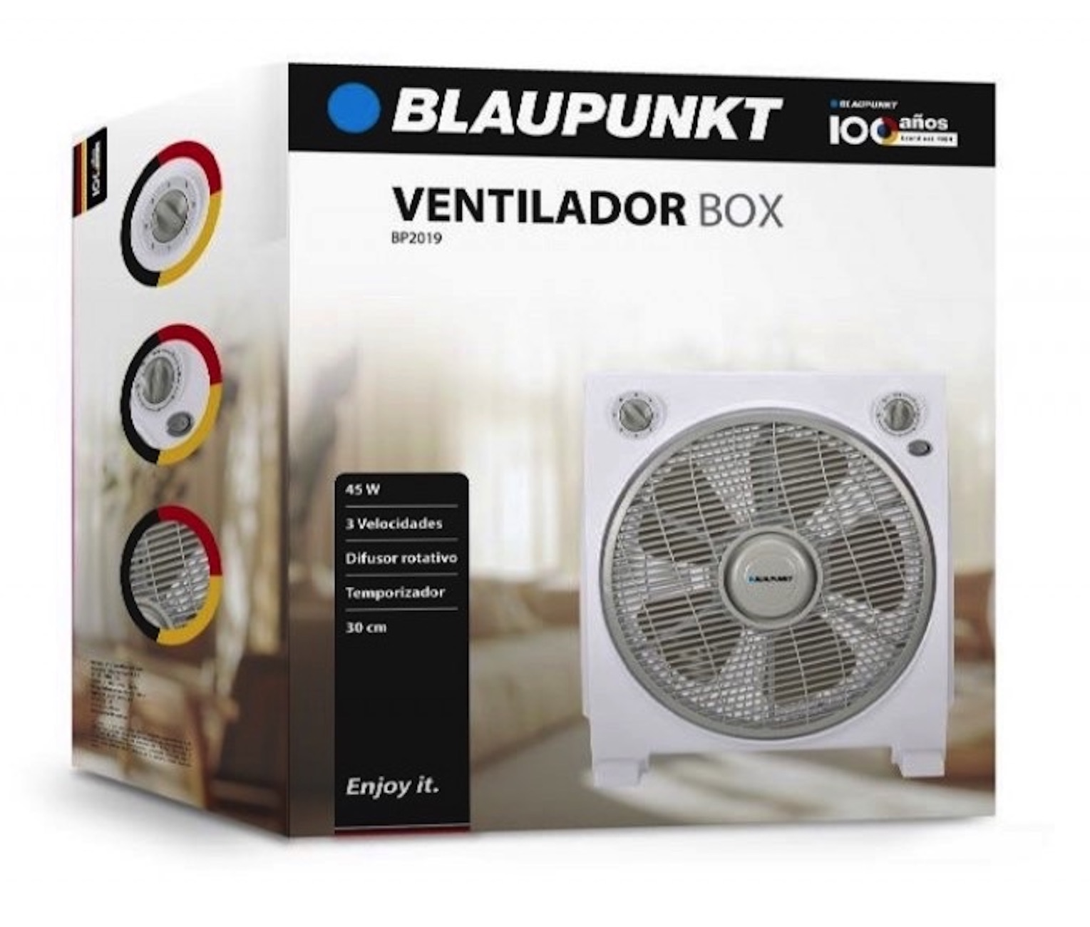Confezione del ventilatore a scatola Blaupunkt. Mostra il ventilatore e i dettagli del prodotto. Bianco.