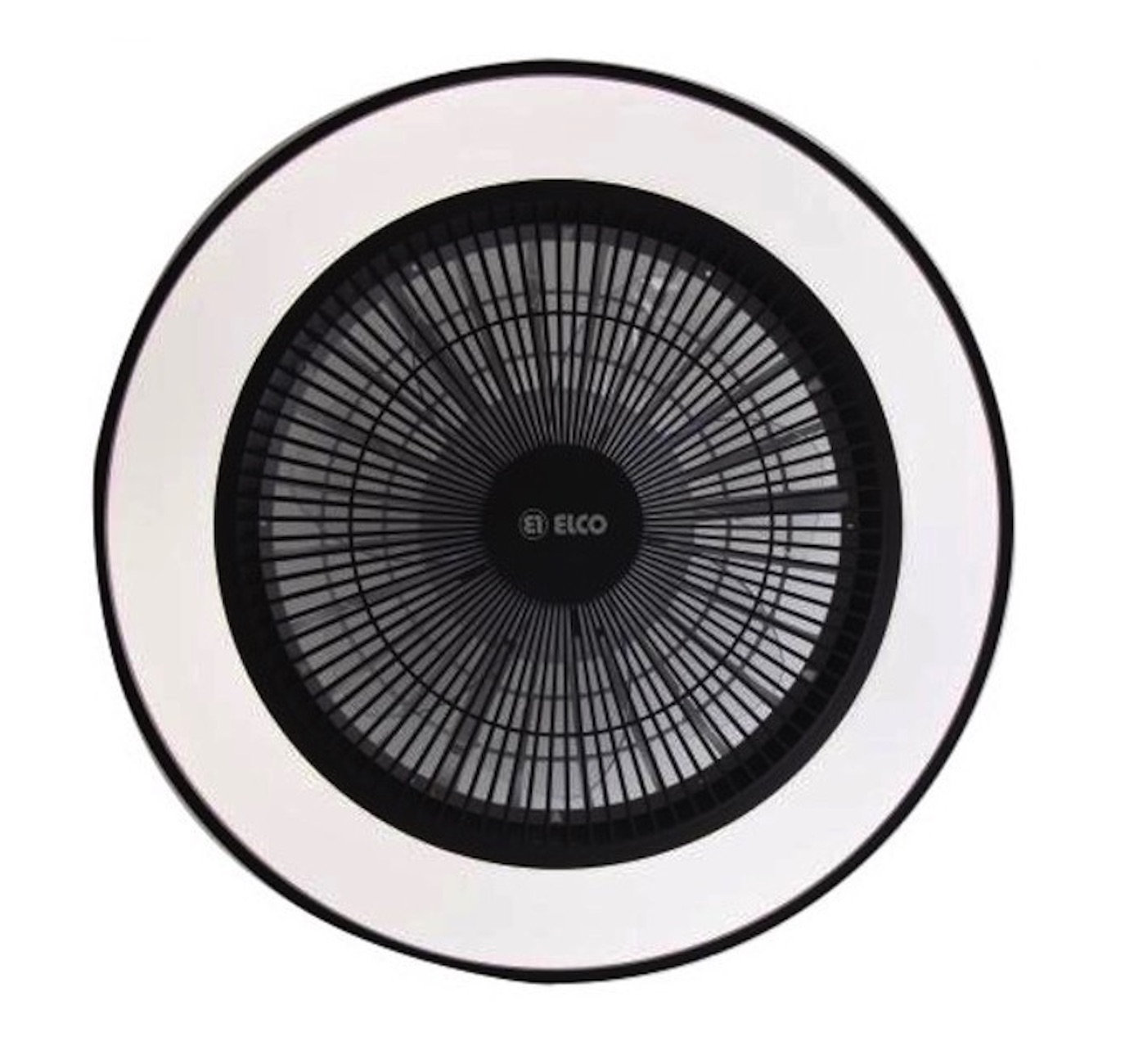 Ventilador de techo con anillo de luz blanco y centro negro. El ventilador es redondo y tiene una rejilla.