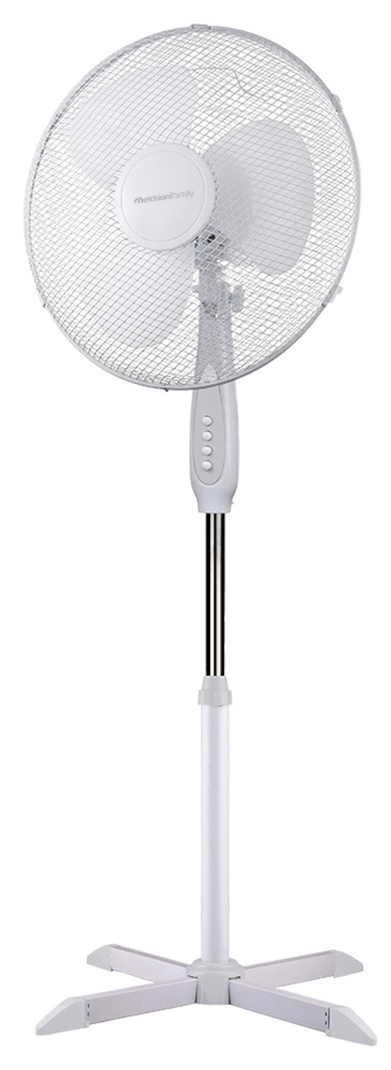 Ventilador de pie blanco con cabezal redondo y base blanca. El ventilador tiene una rejilla metálica y un panel de control.