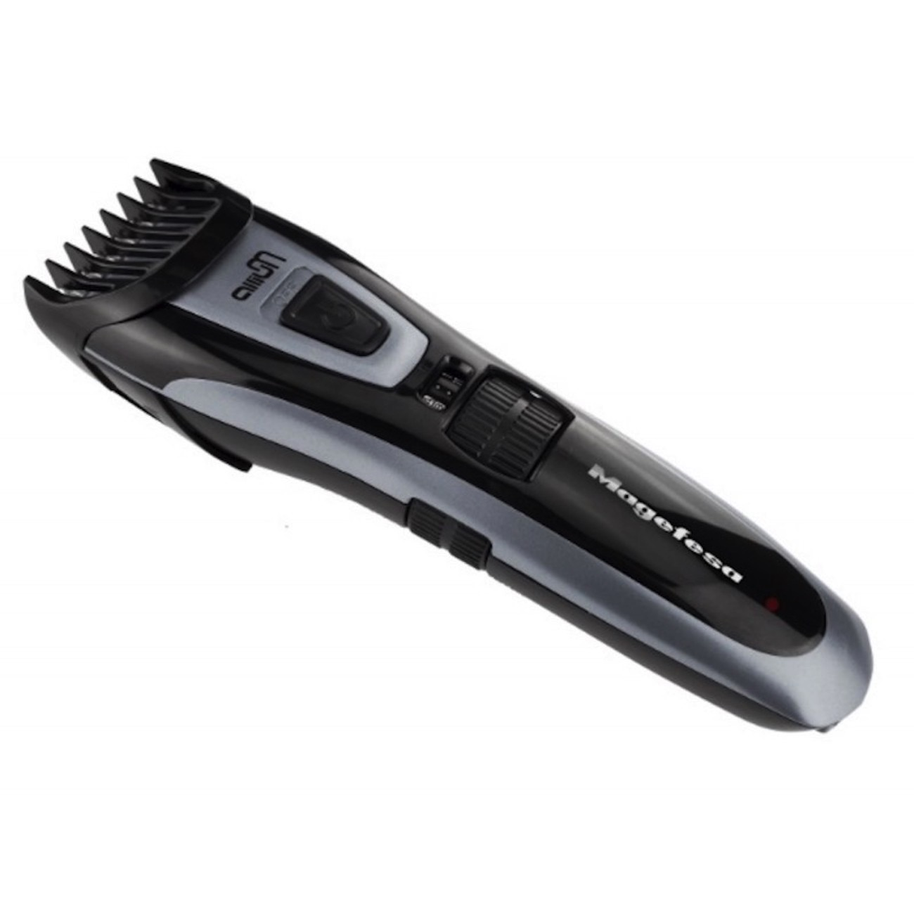 Recortadora de cabello 'Magefesa' negra y plateada con ajustes ajustables y un botón de encendido, vista en ángulo.