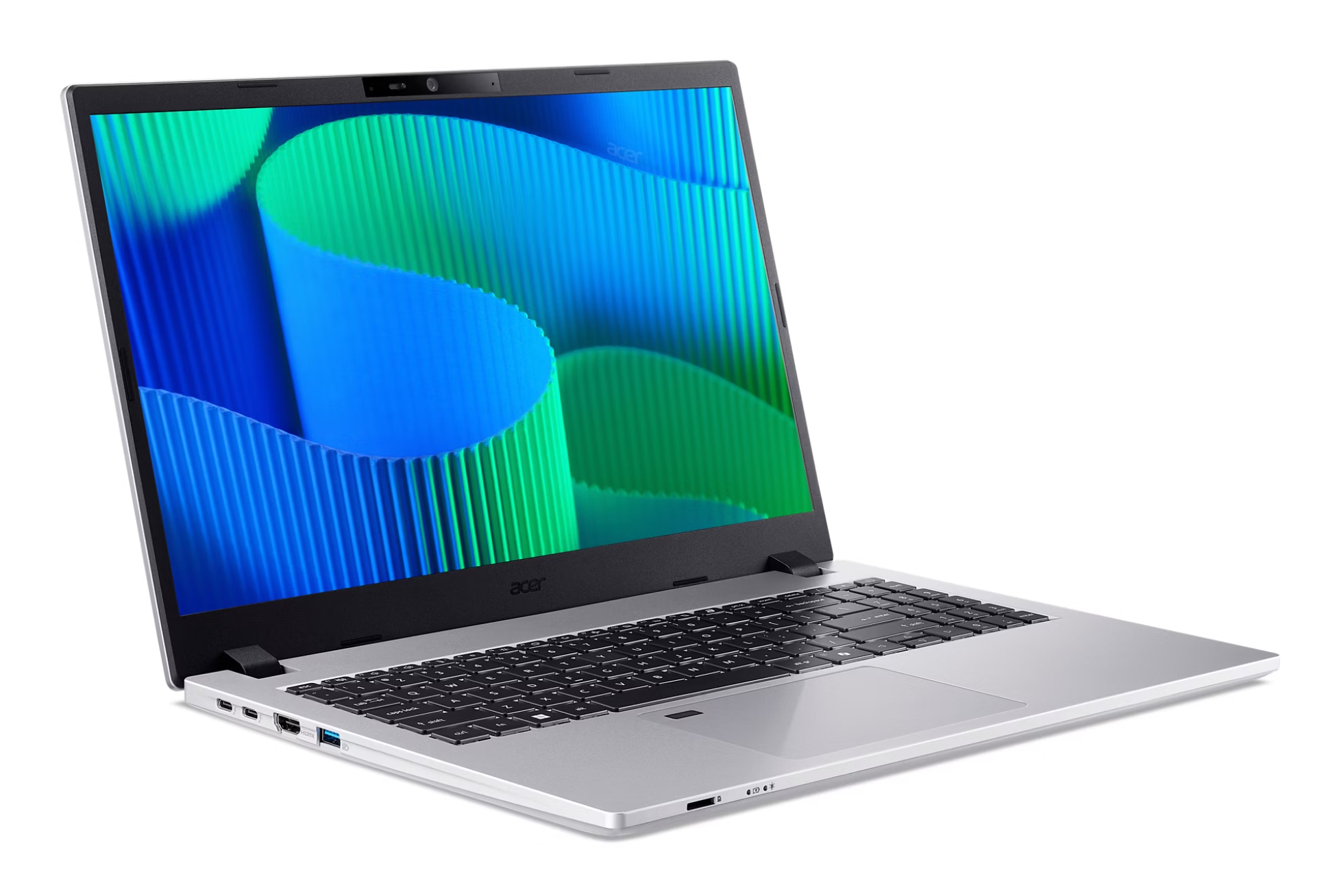 Laptop argentato su sfondo bianco con schermo che mostra onde blu e verdi.