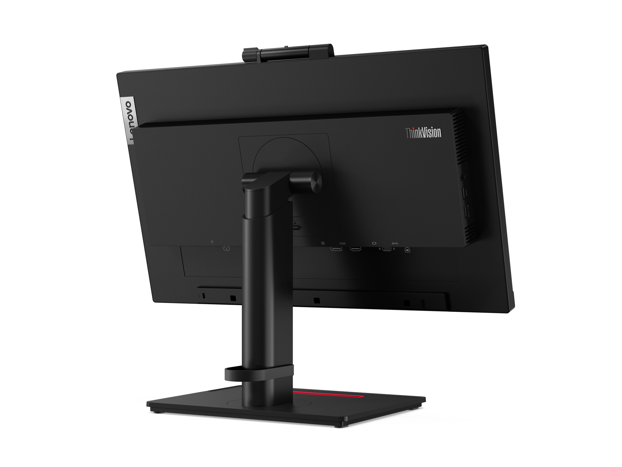 Ein schwarzes Lenovo-Laptop, geschlossen, leicht angewinkelt, auf weißem Hintergrund, mit Lenovo-Logo.