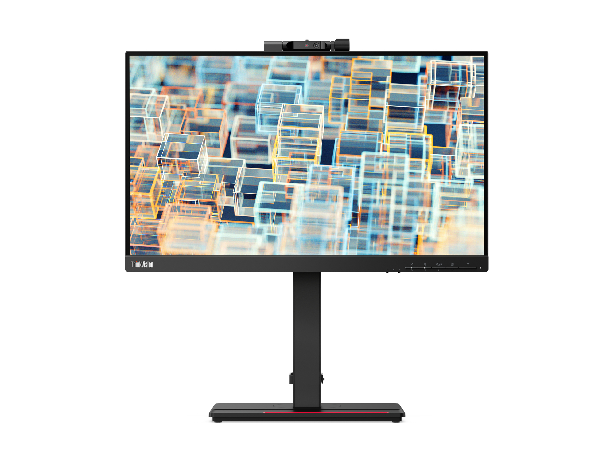 Ein Lenovo-Monitor mit Webcam oben und einem Bildschirm mit farbigen Quadraten.
