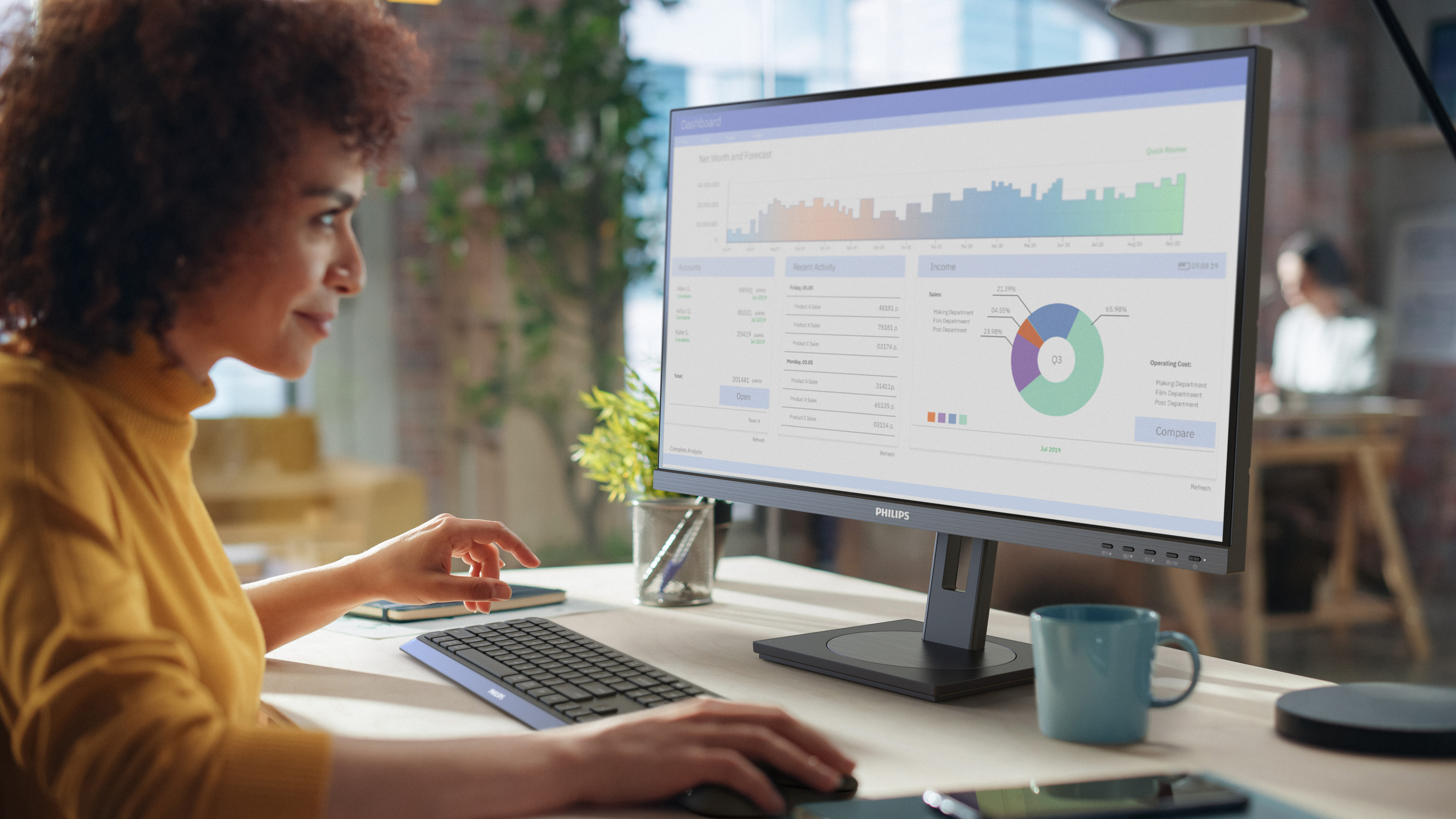 Kobieta siedzi przy biurku, używając monitora wyświetlającego dane. Używa klawiatury.