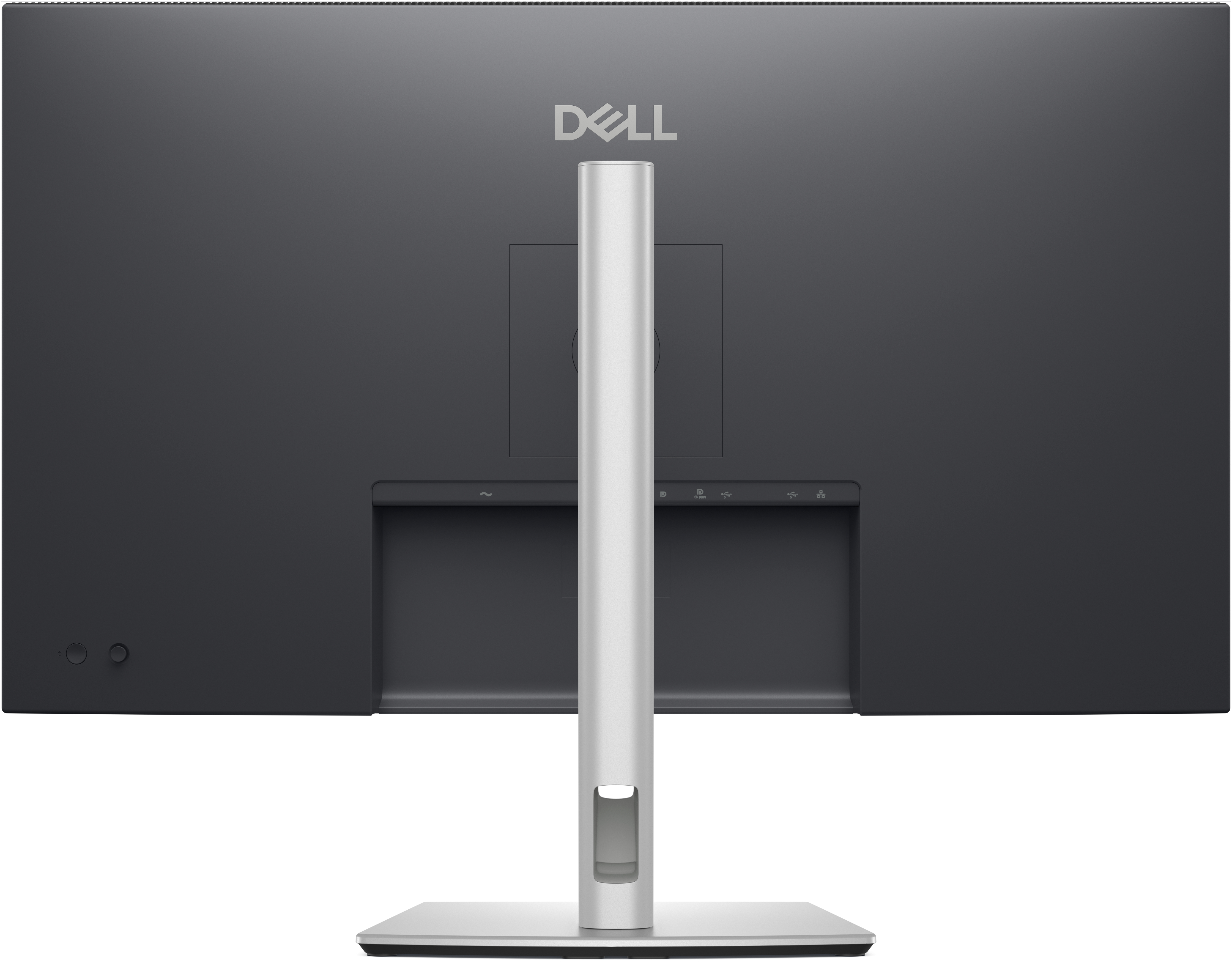 Tył monitora ze srebrną podstawą i portami, na białym tle.