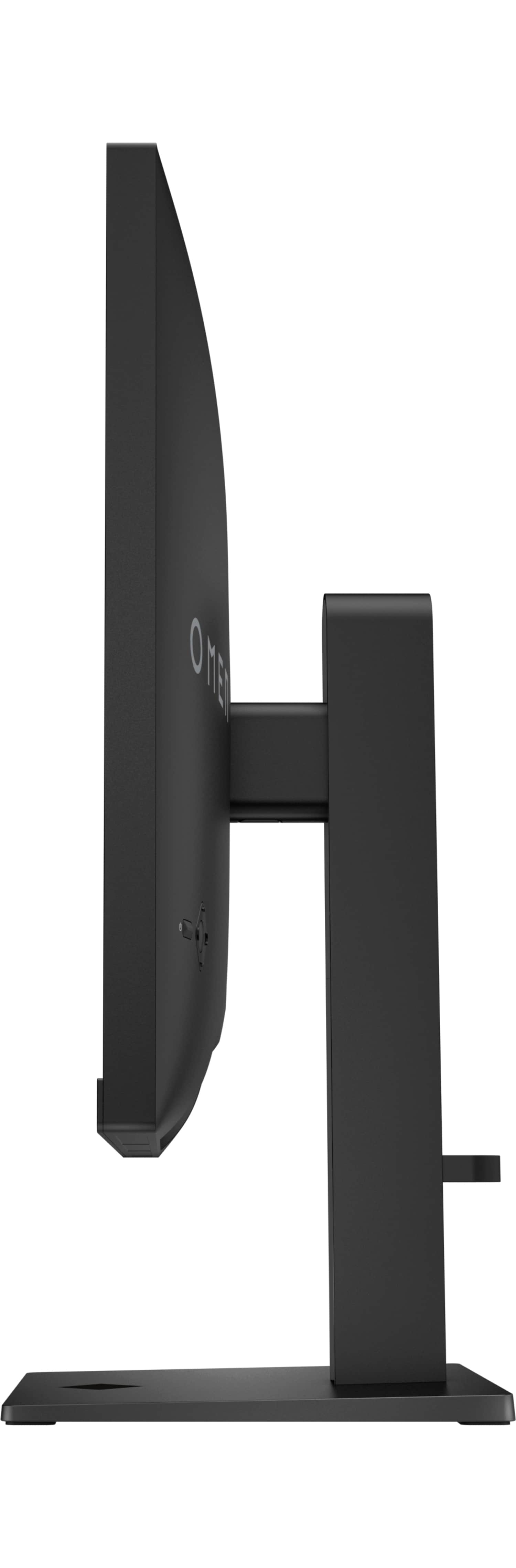 Widok z boku czarnego monitora ze słowem OMEN na ekranie, na białym tle.