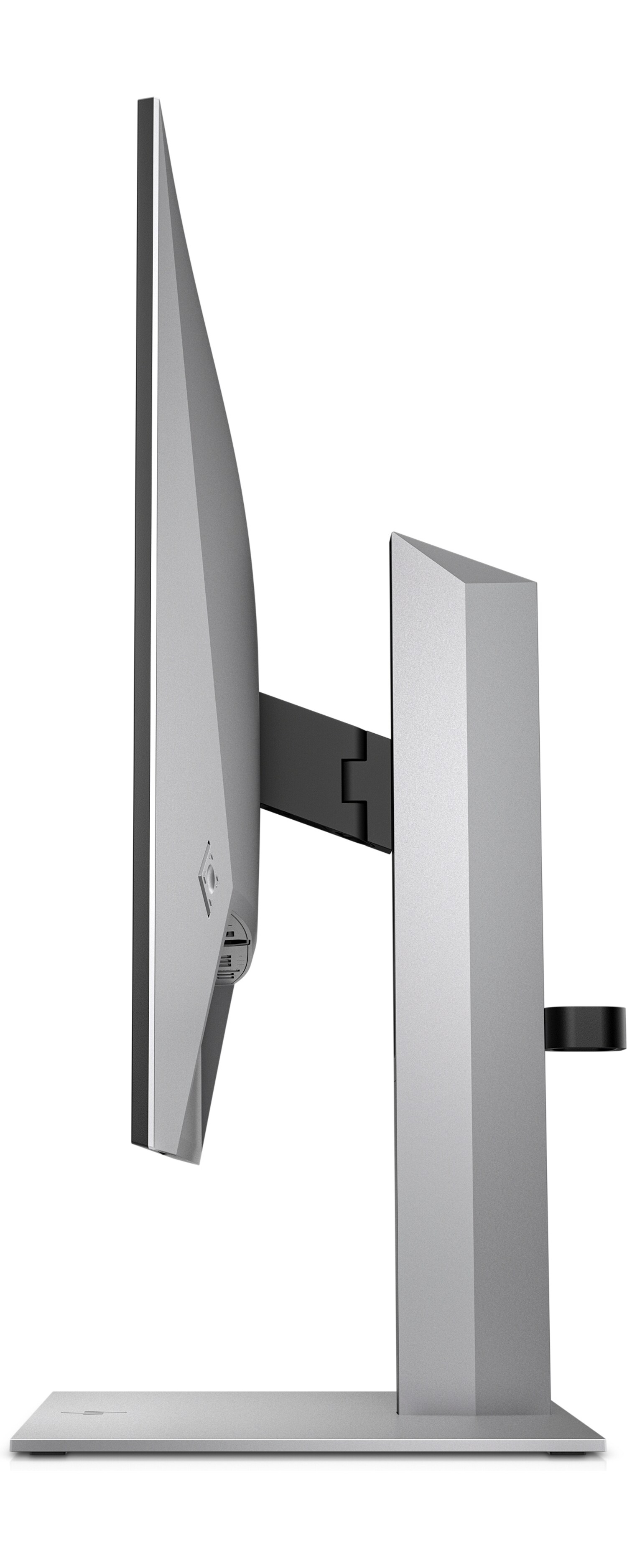 Silver monitor, side view, on white background. Black stand and arm.