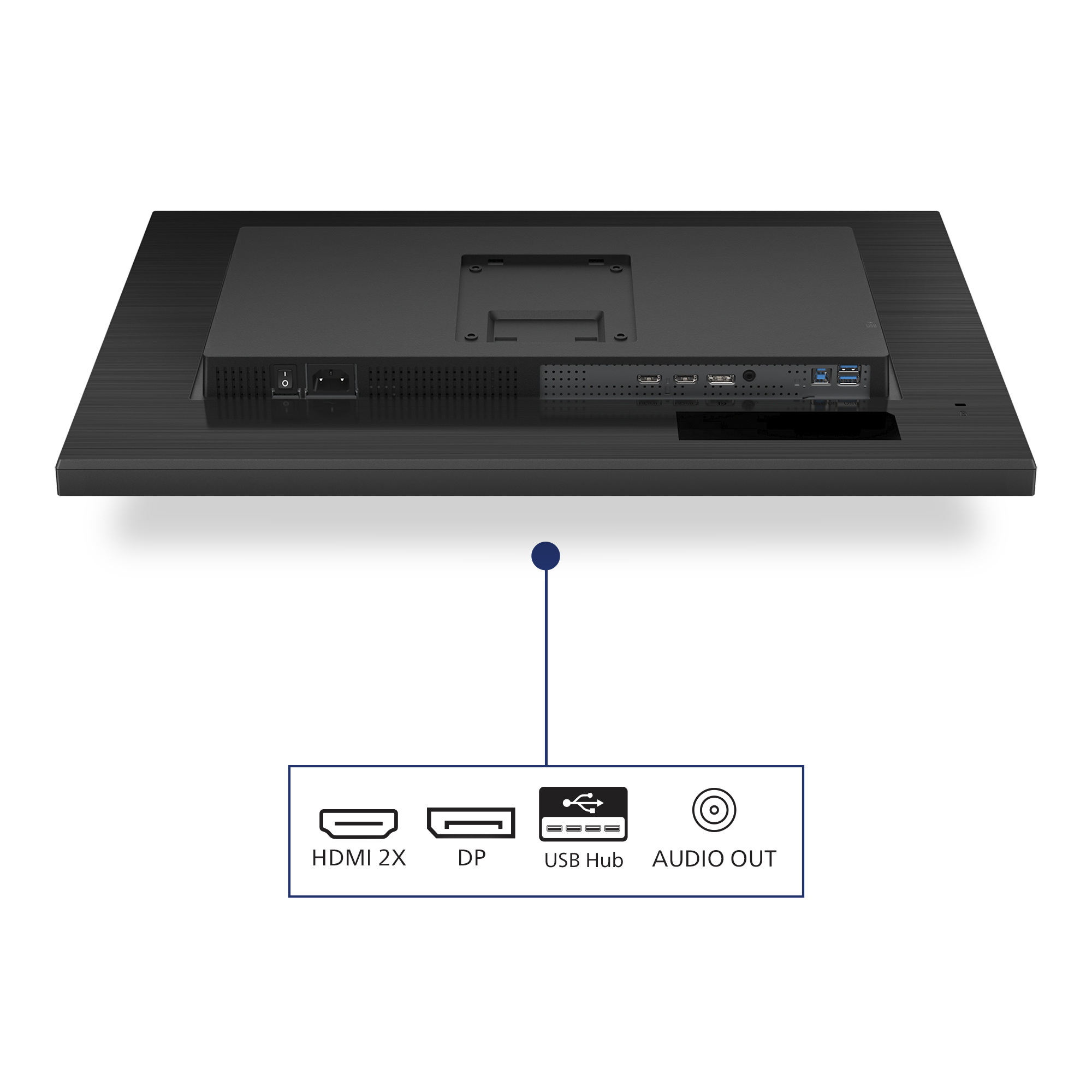 Widok z tyłu czarnego monitora z portami: HDMI, DP, USB i wyjściem audio.