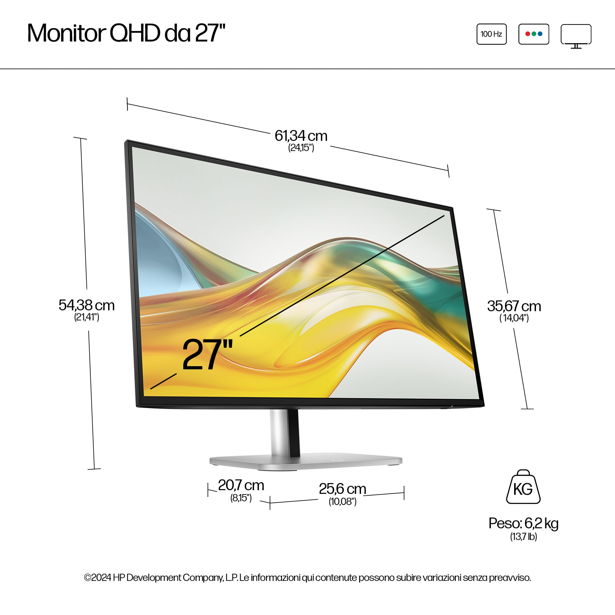 Een 27-inch monitor met afmetingen, een strak ontwerp en een standaard.