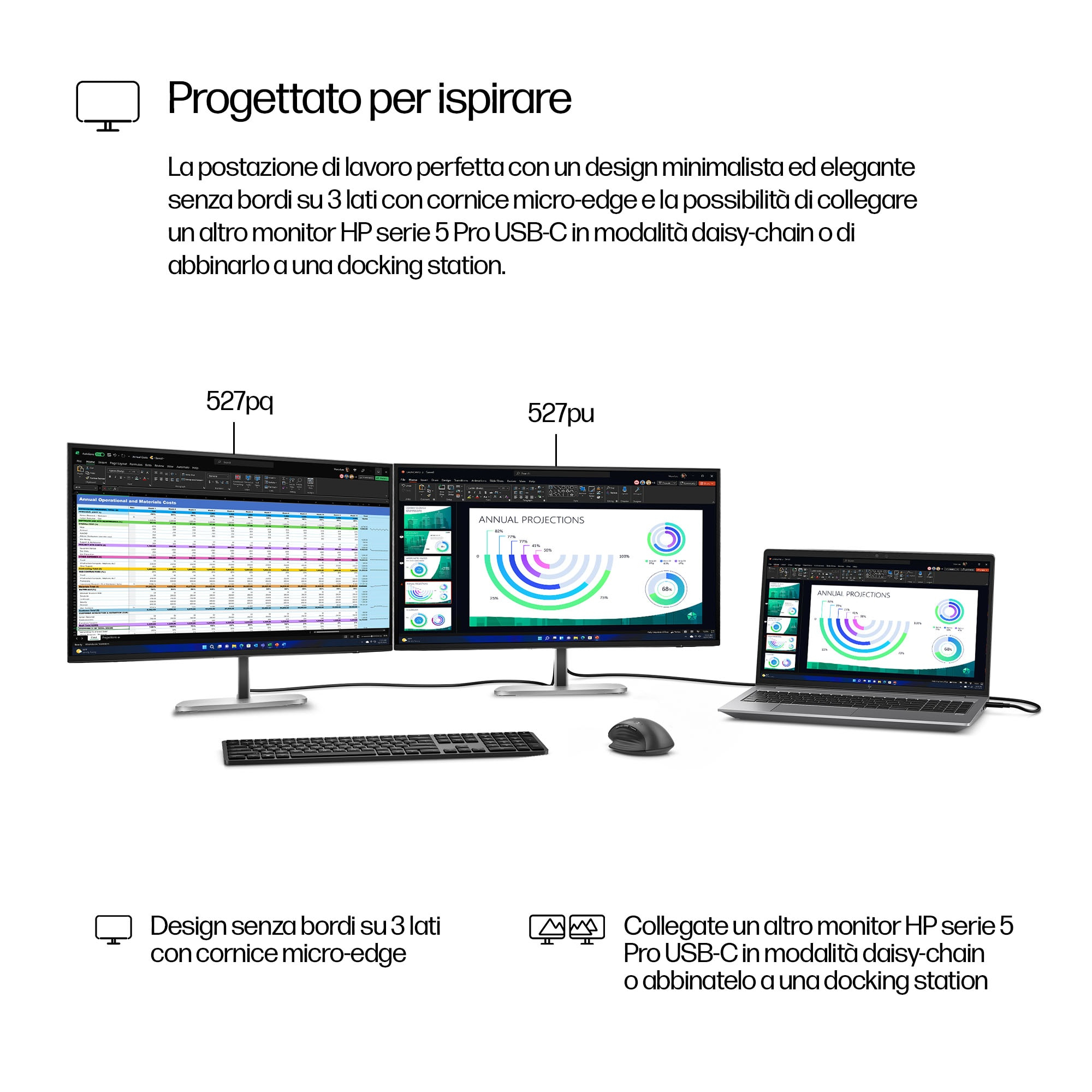 Er worden drie monitoren weergegeven, twee links en één rechts. Ze staan op een witte achtergrond.