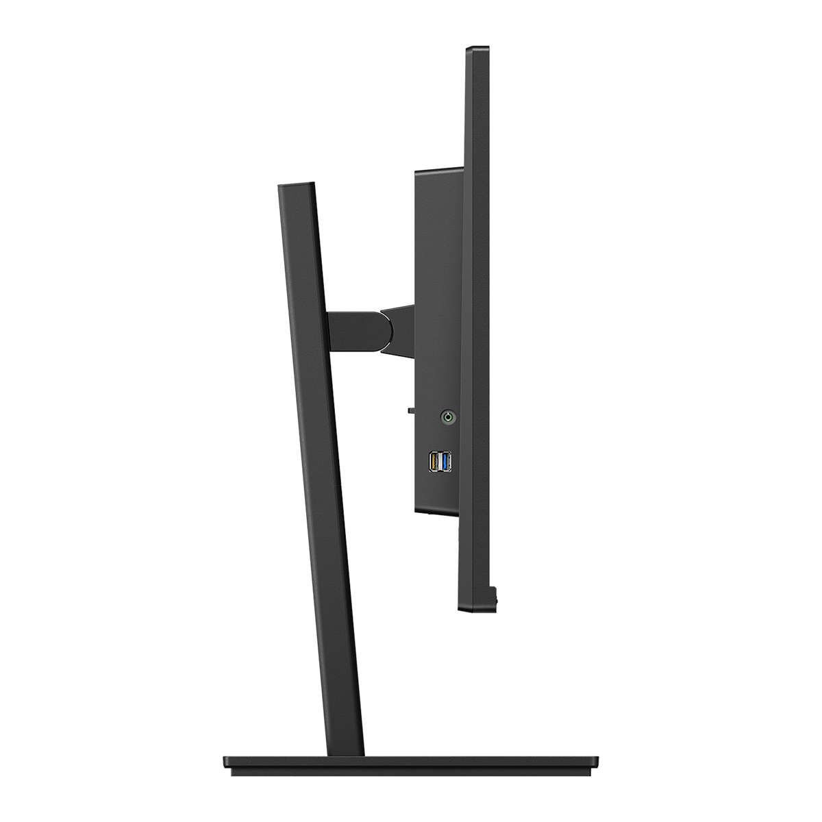 Widok z boku czarnego monitora, pokazujący jego smukły profil. Stojak ma elegancki design i również jest czarny.