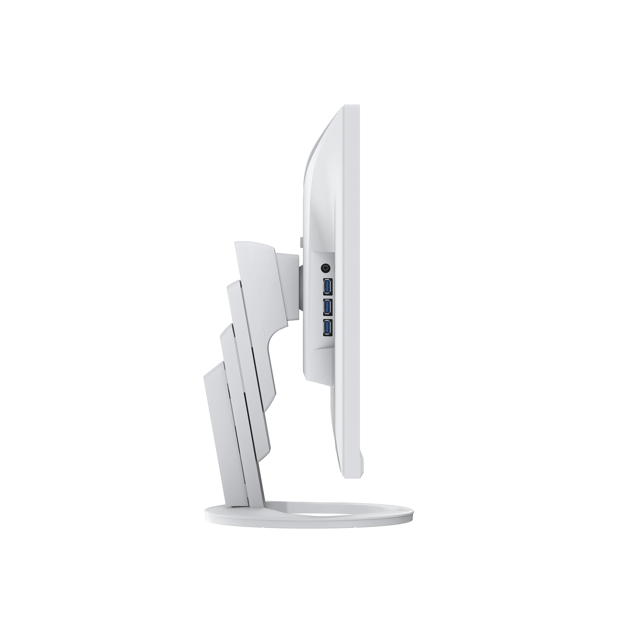 Side view of a white computer monitor with ports and an adjustable stand.