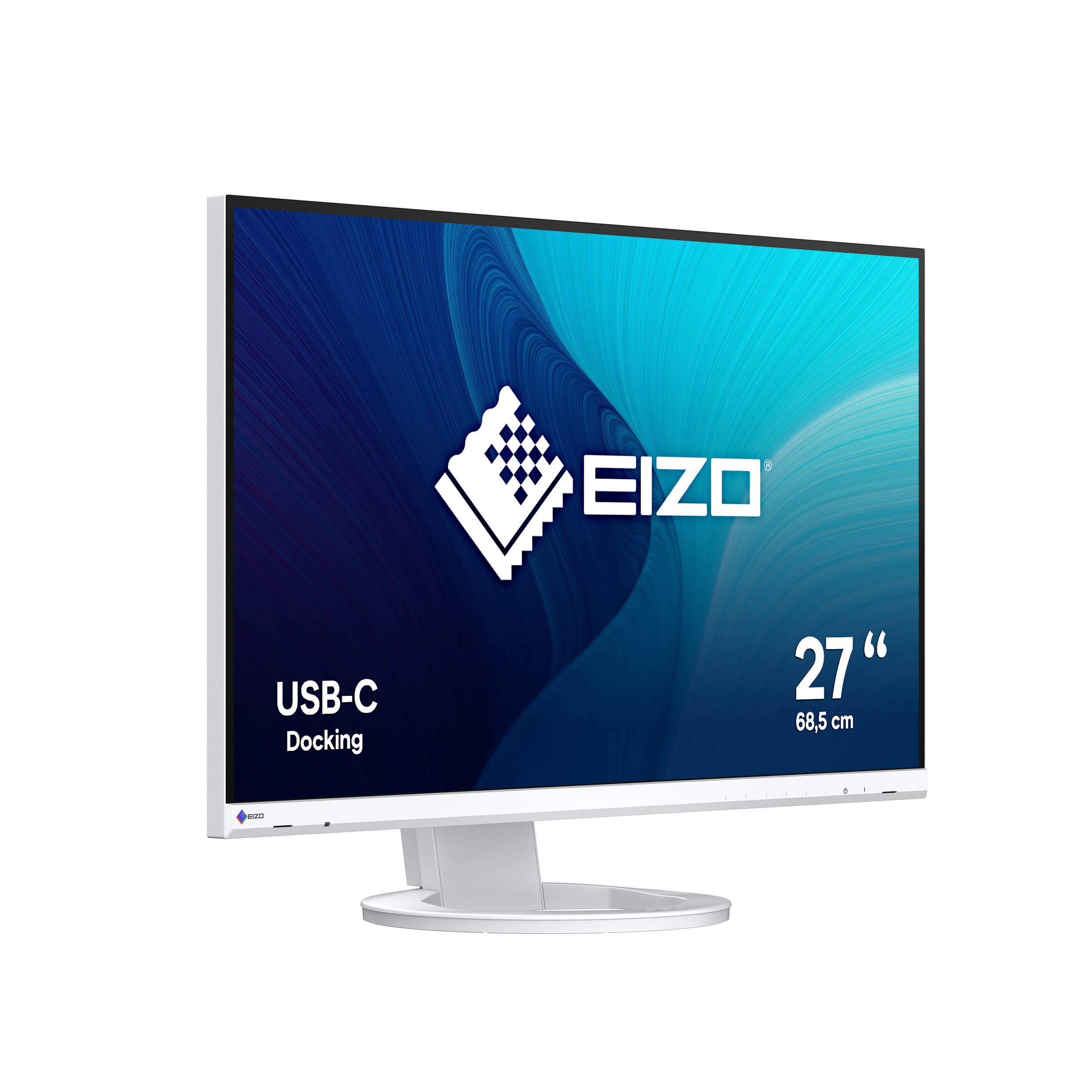 A white monitor with USB-C docking. The EIZO logo is prominent. The screen displays a blue abstract pattern.