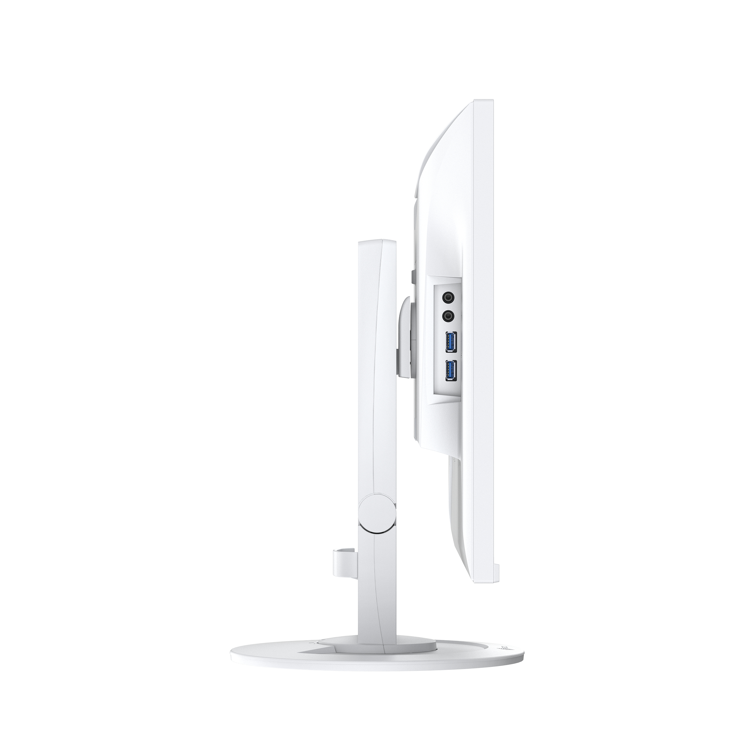 Side view of a white monitor with a stand. It has ports on the side, including USB and audio jacks.