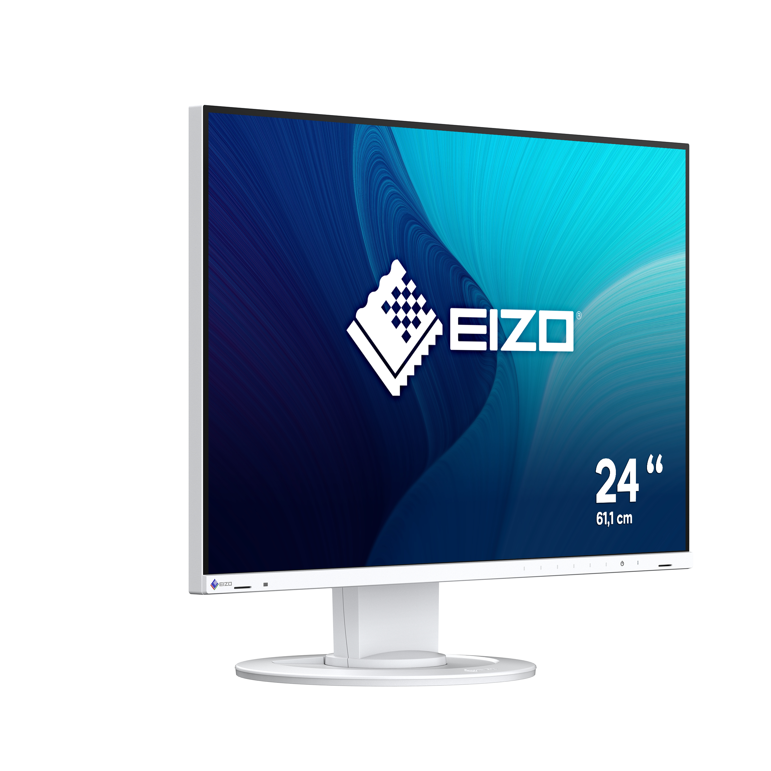A white monitor showing a blue and white abstract image with the EIZO logo and 27" display size.