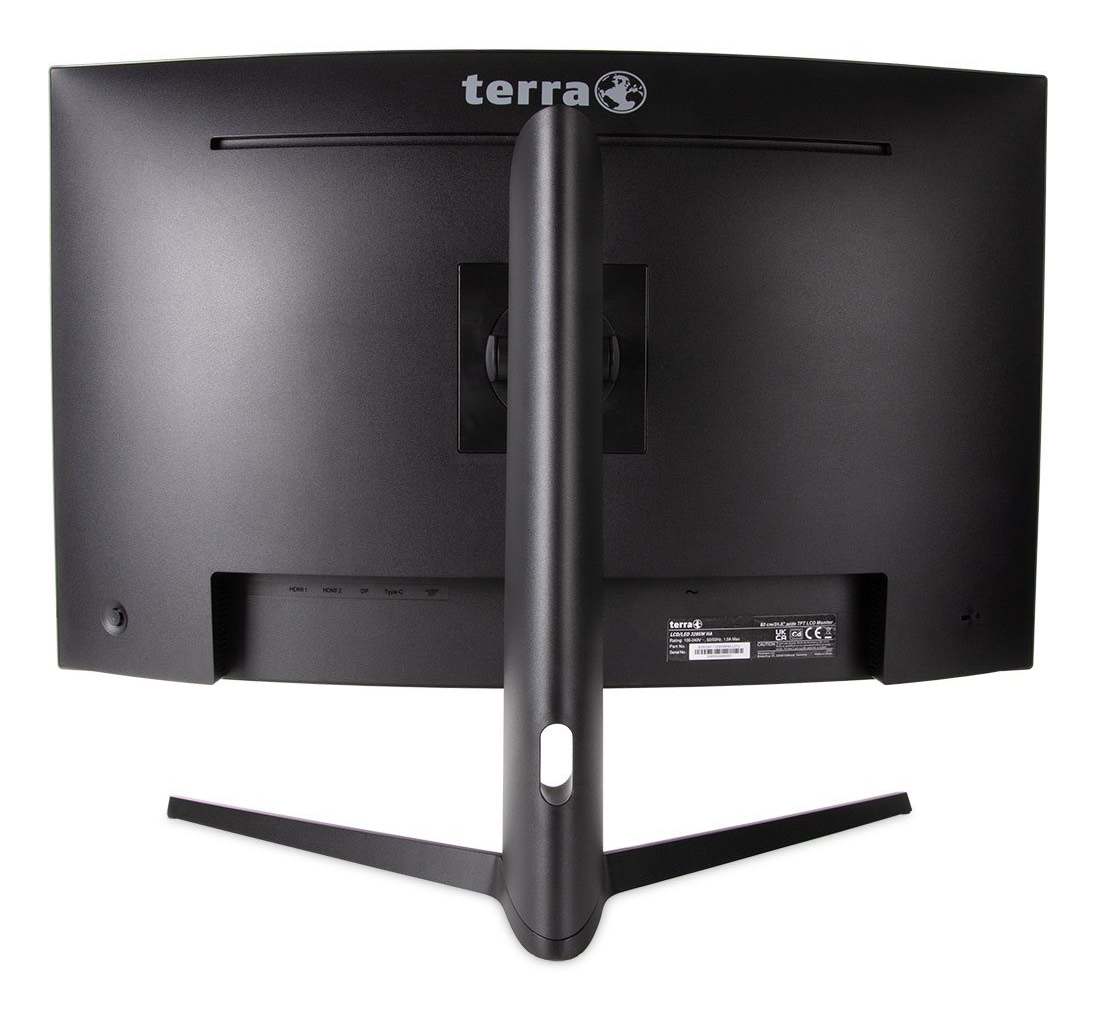 Tył czarnego zakrzywionego monitora z podstawą i marką "terra".