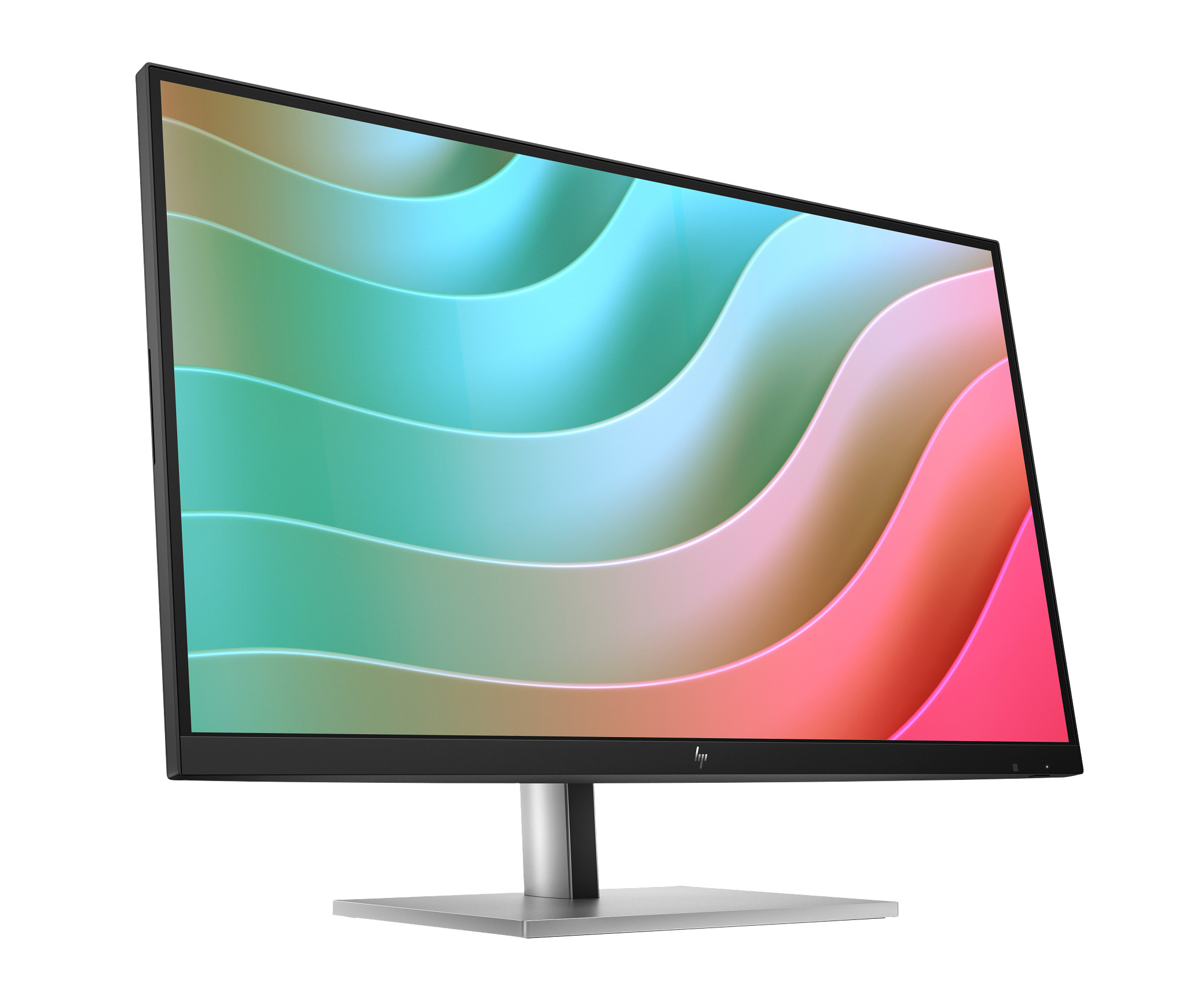 Un monitor de ordenador moderno con fondo abstracto colorido. El soporte es plateado.
