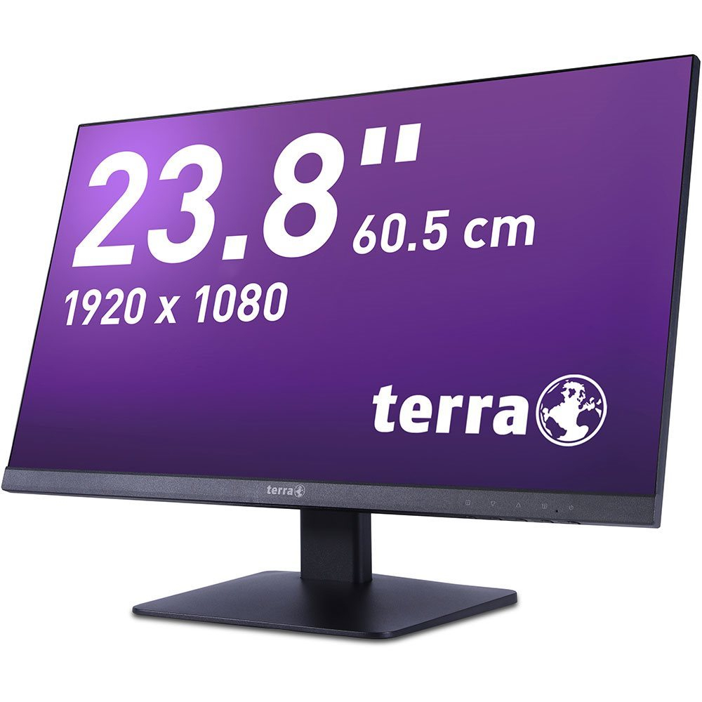 Monitor nero che mostra le dimensioni di 23,8 pollici e la risoluzione di 1920 x 1080. Il marchio è terra.