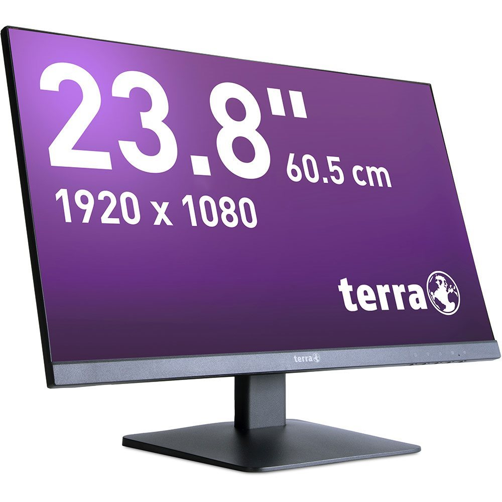 Un monitor da 23,8" mostra la risoluzione e le specifiche su uno schermo viola con cornice nera.
