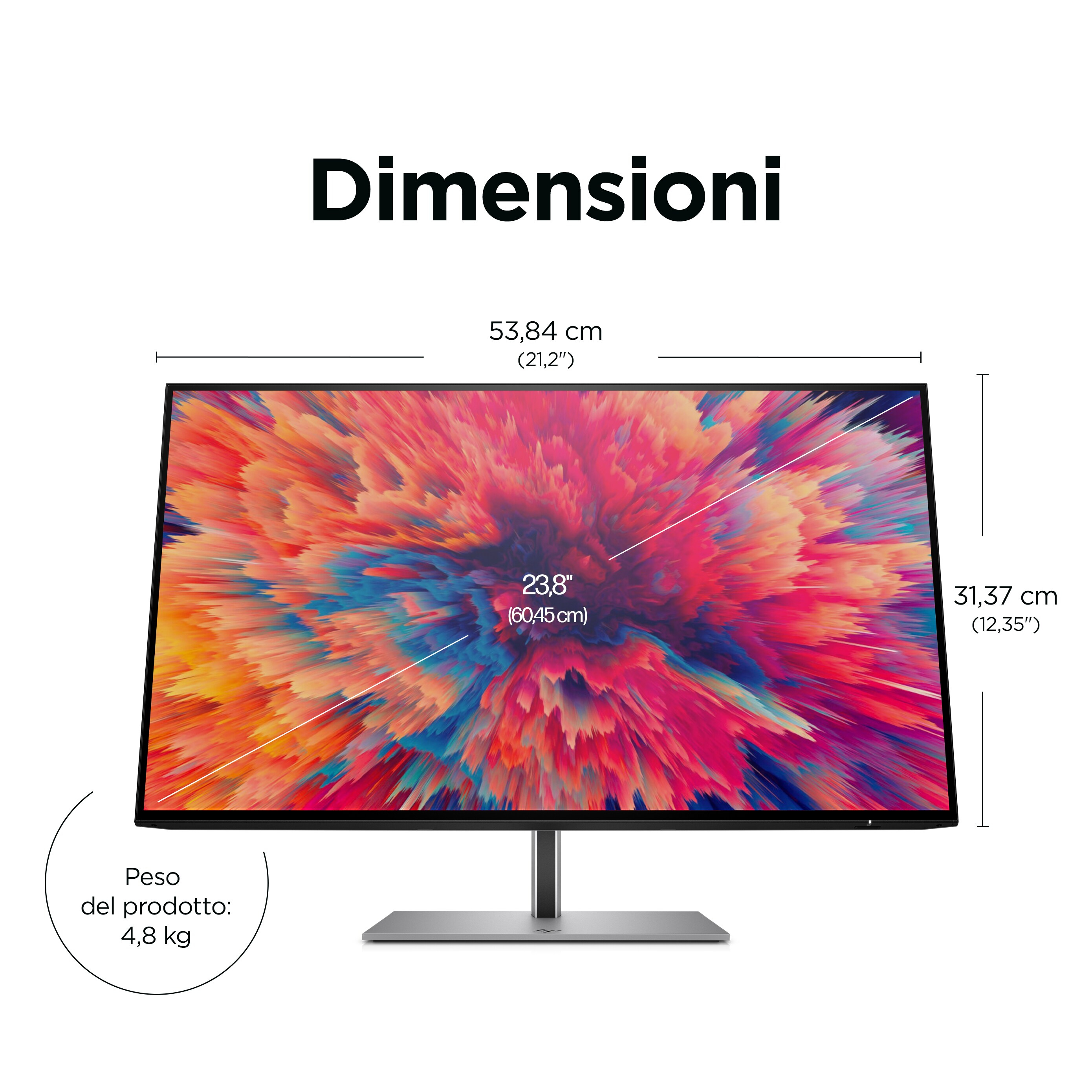 Un monitor con dimensioni espresse in cm e pollici, e il peso in kg.