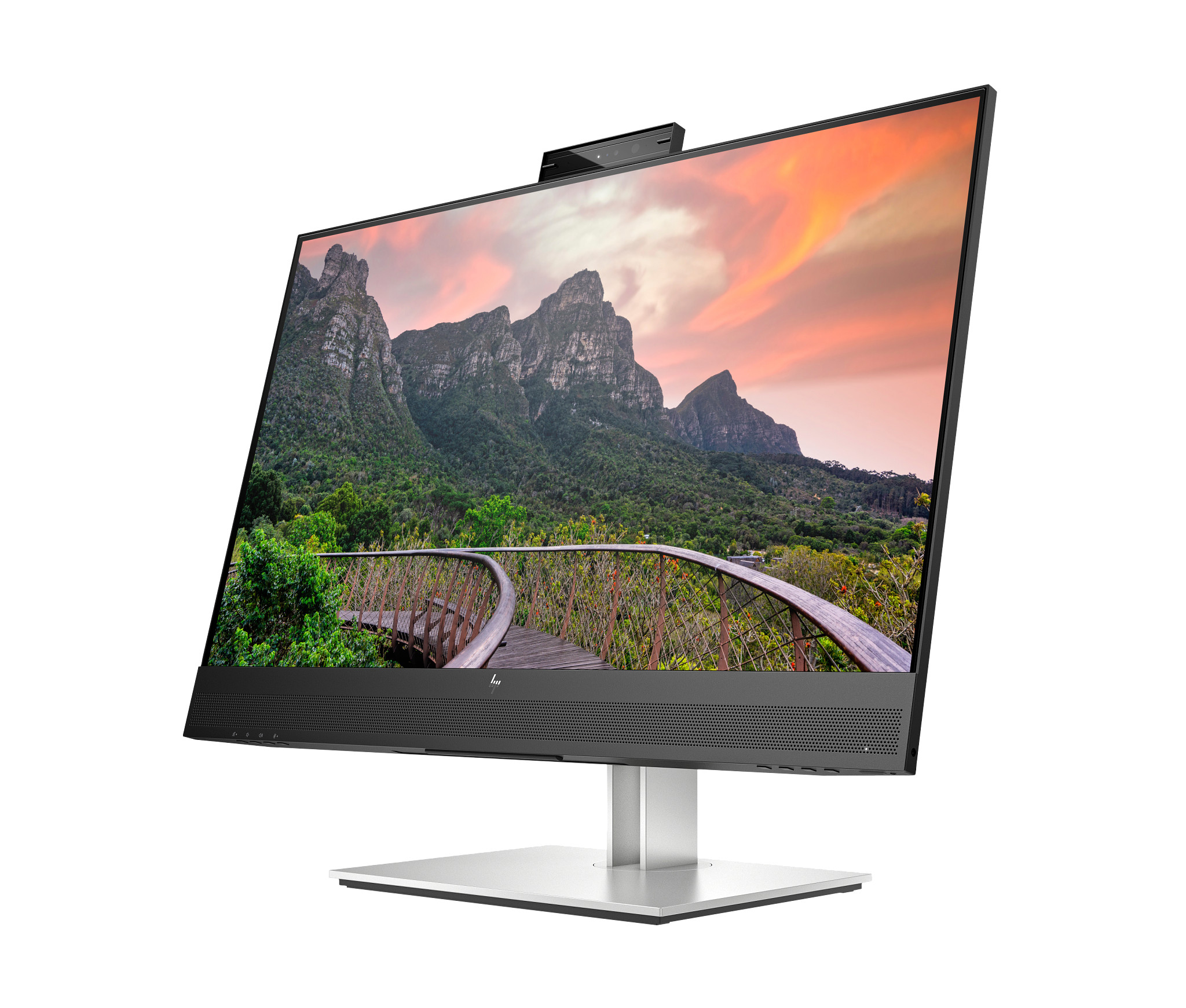 Una computadora de escritorio todo en uno HP, en ángulo, mostrando la pantalla y la base.