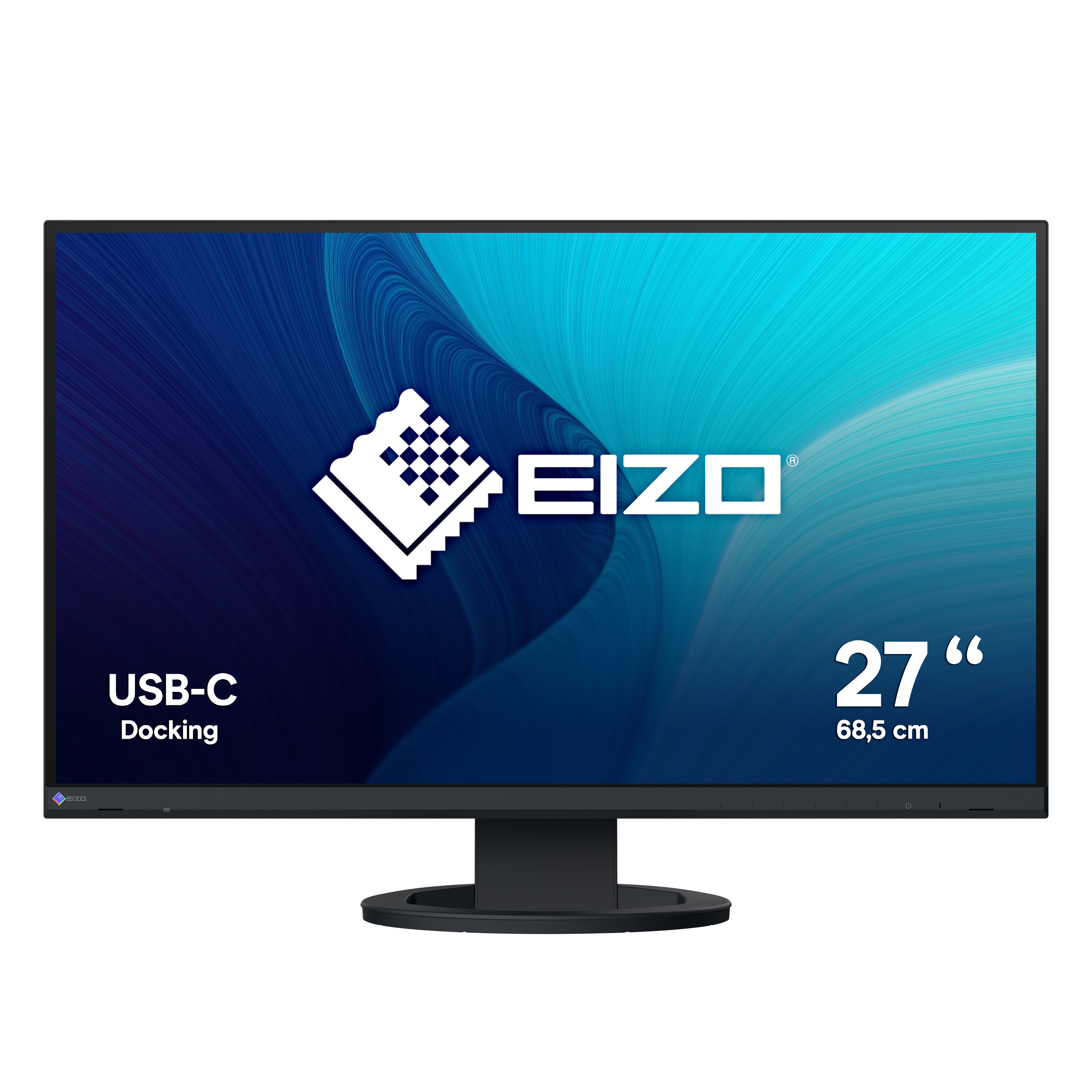 Czarny monitor EIZO z niebiesko-białym tłem, z napisem USB-C Docking z boku.