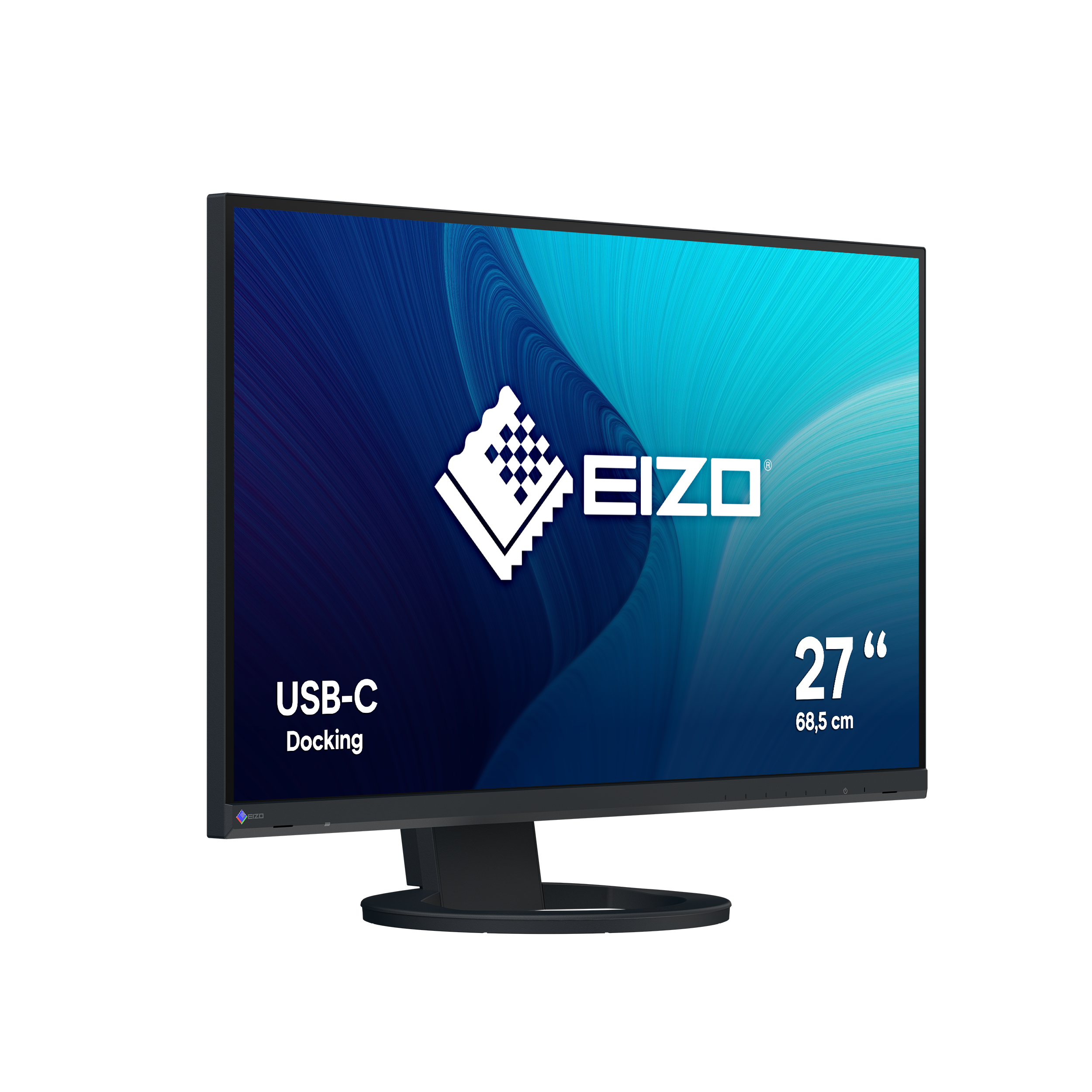 Czarny monitor EIZO z niebiesko-białym tłem, z napisem USB-C Docking z boku.