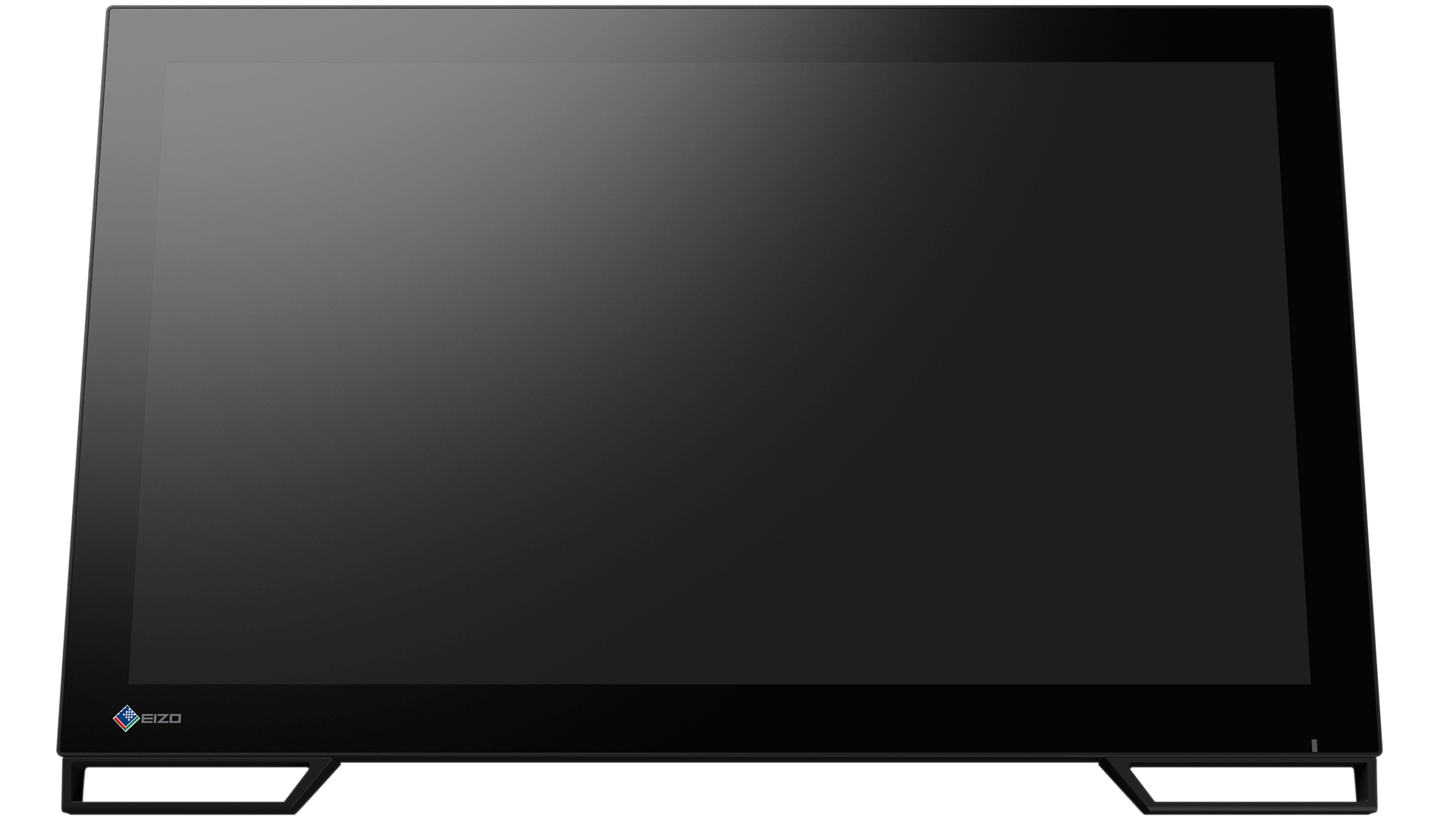 Monitor negro con bisel y soporte negros. La esquina inferior izquierda muestra un logotipo. Fondo blanco.