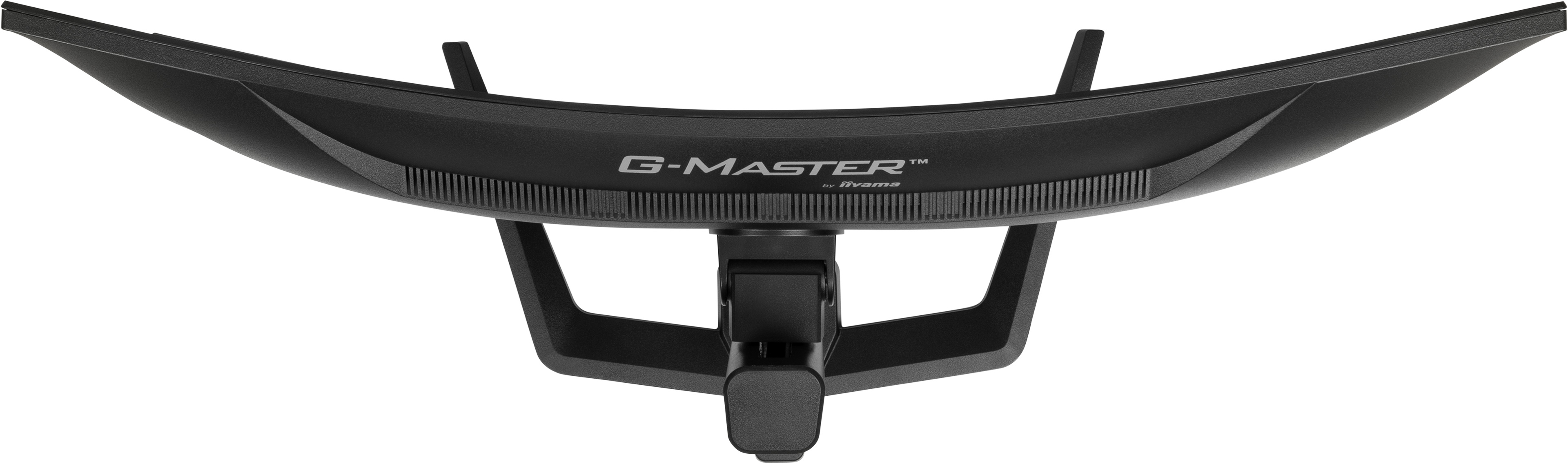 Bovenaanzicht van een gebogen zwarte monitor. De standaard is zichtbaar en de merknaam is “G-MASTER”.