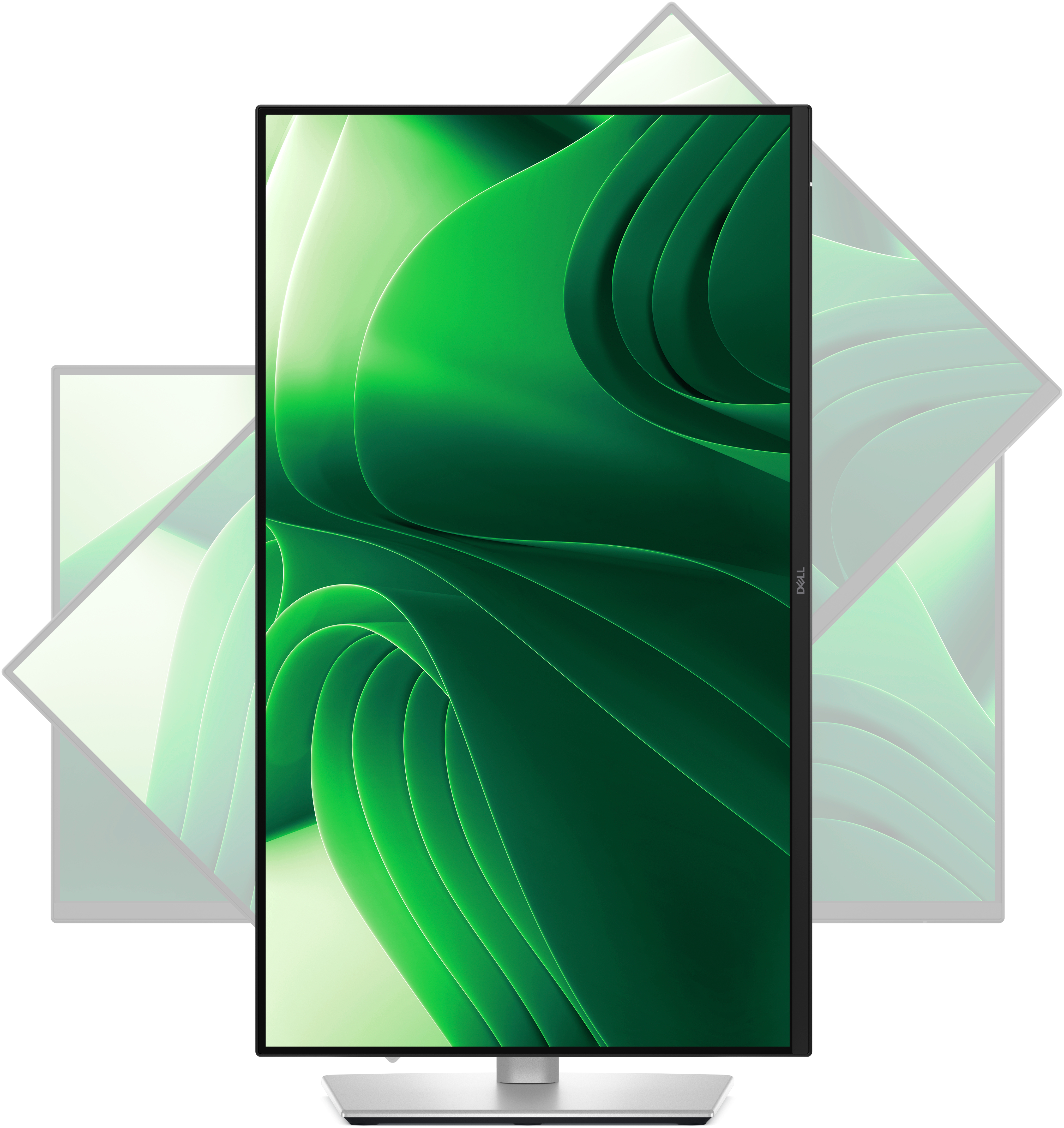 Pionowy monitor z zielonym abstrakcyjnym tłem i srebrną podstawą.