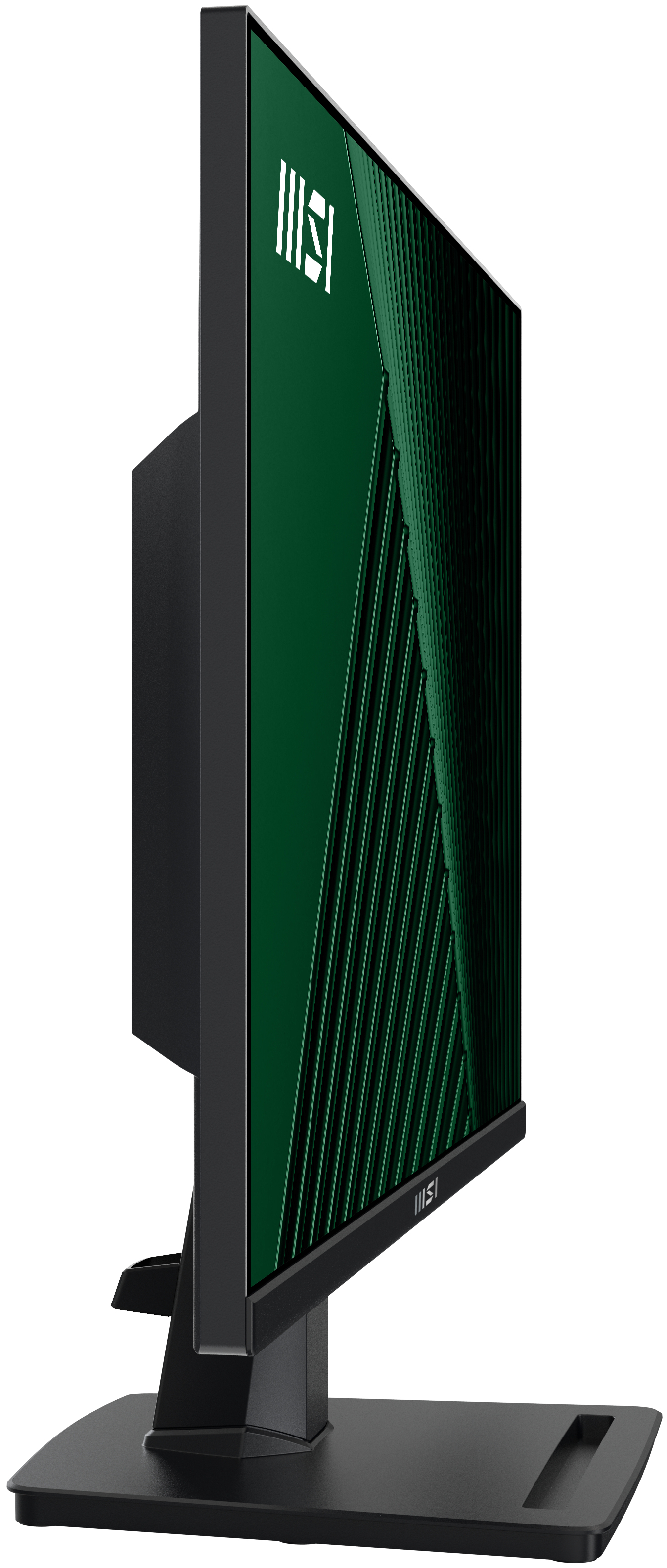 Czarny monitor MSI z zielono-czarnym wzorem na wyświetlaczu, widok z boku. Jest na czarnej podstawie.