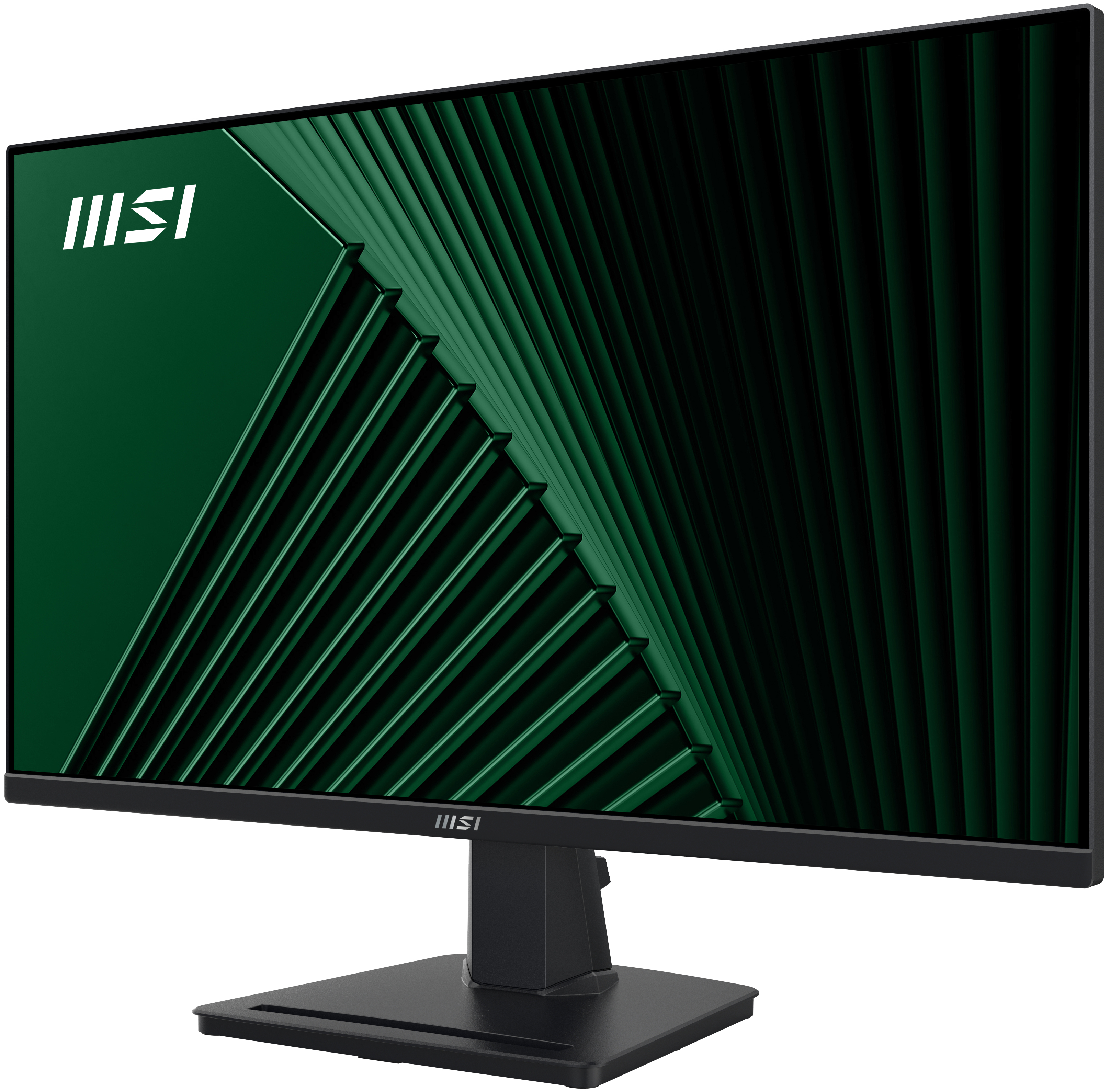 Monitor gaming MSI z zielono-czarnym designem, na czarnym stojaku.