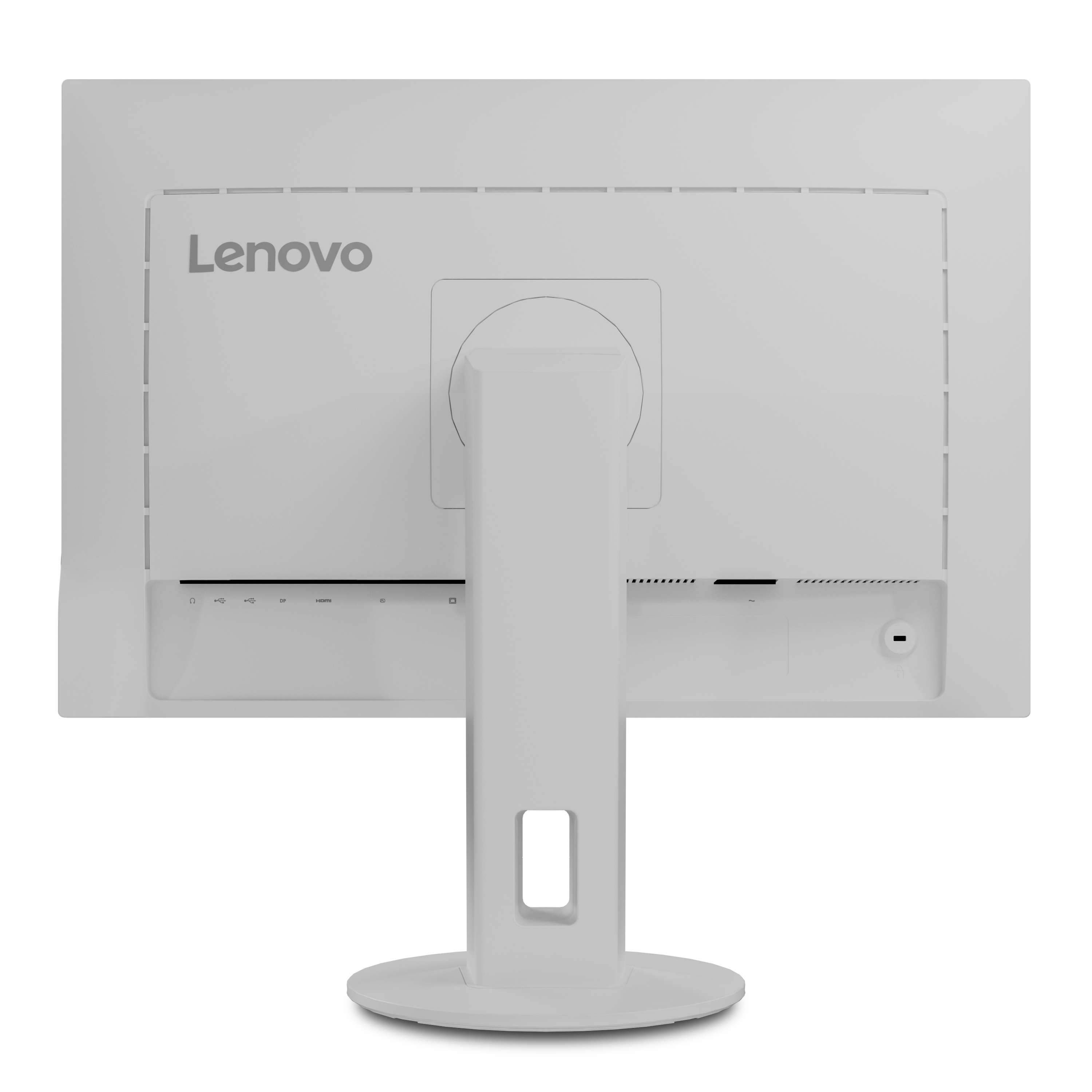 Rückseite eines weißen Lenovo-Monitors, mit Ständer und Anschlüssen, weißer Hintergrund.