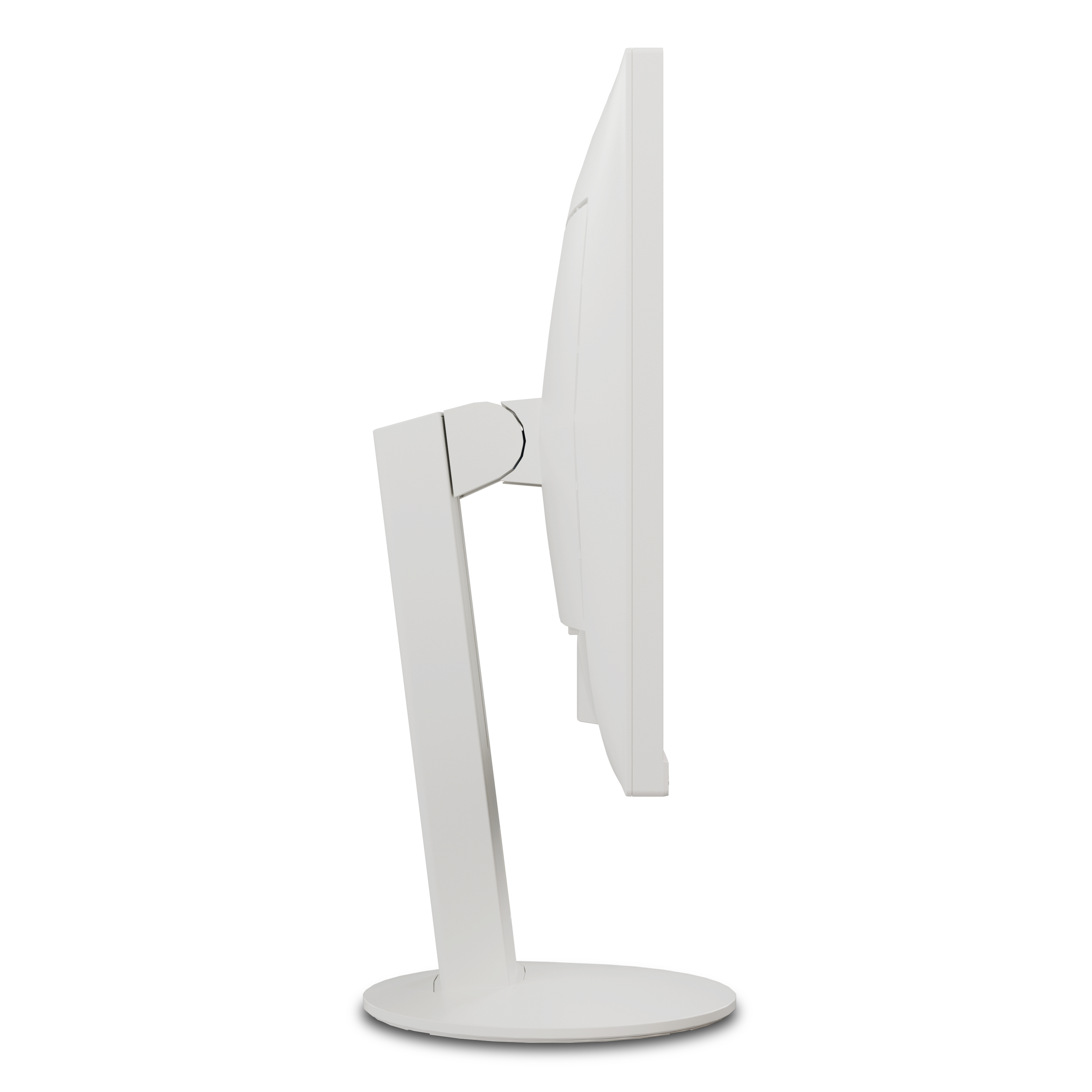 Weißer Computermonitor, Seitenansicht, weißer Ständer, auf weißer Oberfläche.
