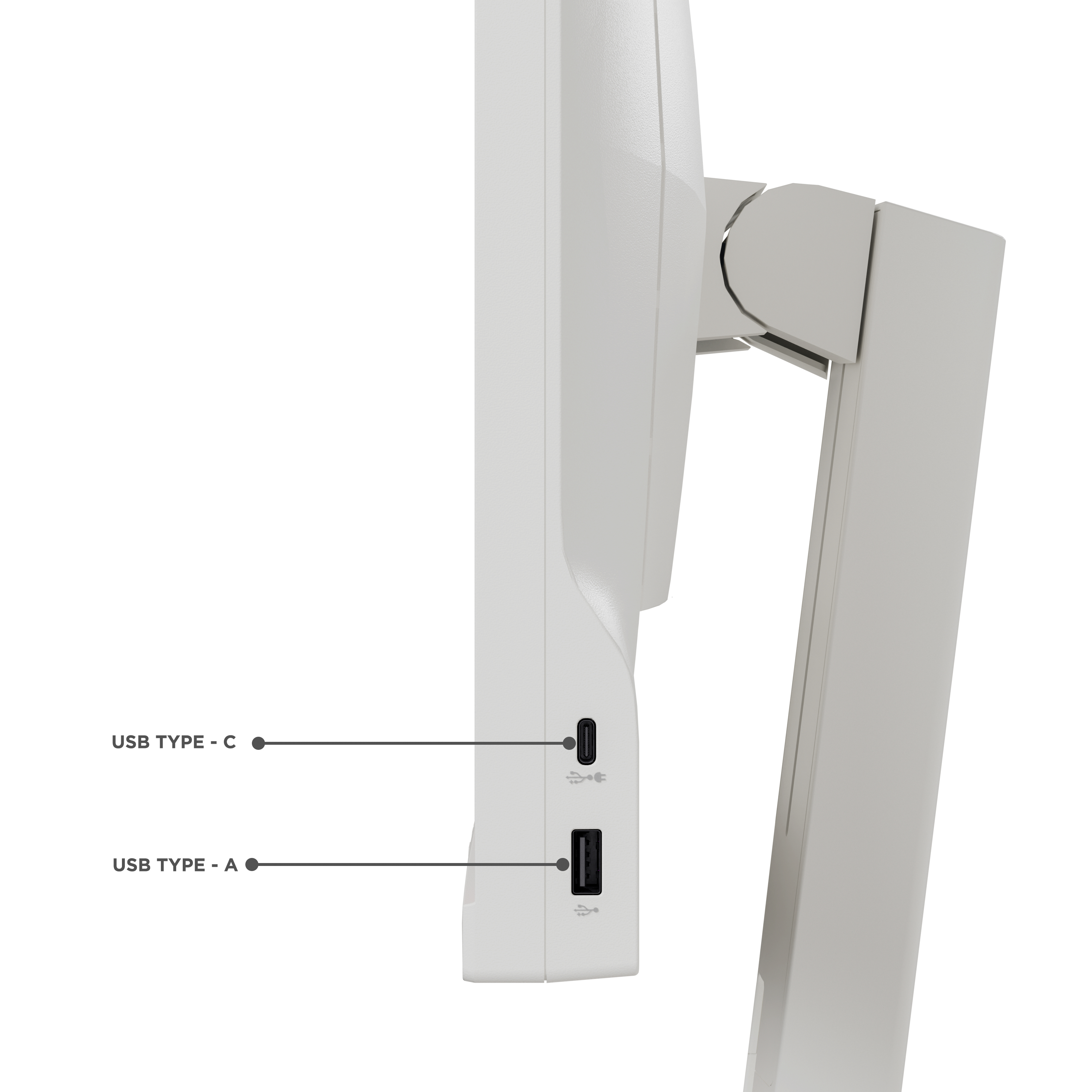 Seitenansicht eines weißen Monitors mit USB Typ-C- und USB Typ-A-Anschlüssen auf weißem Hintergrund.