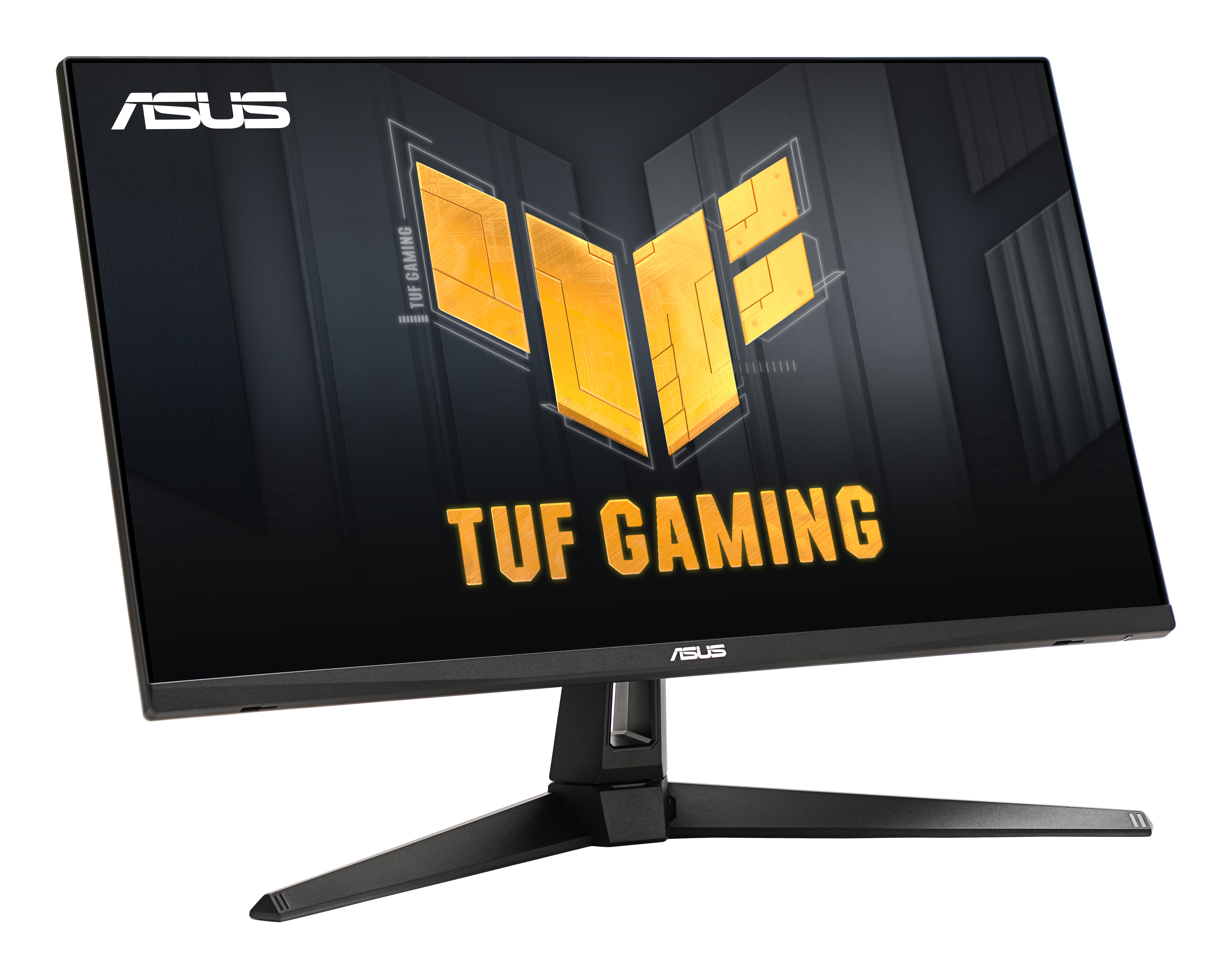 Black ASUS monitor, angled view, with the TUF GAMING logo displayed.
