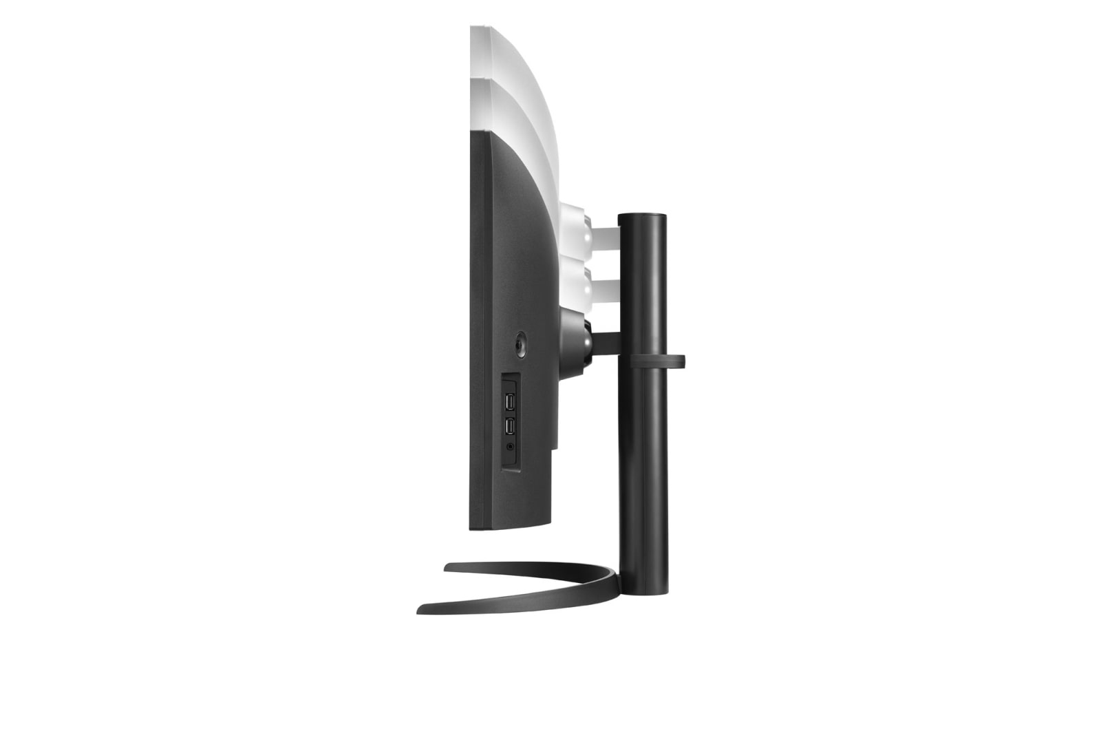 Widok z boku czarnego monitora z podstawą. Białe tło.