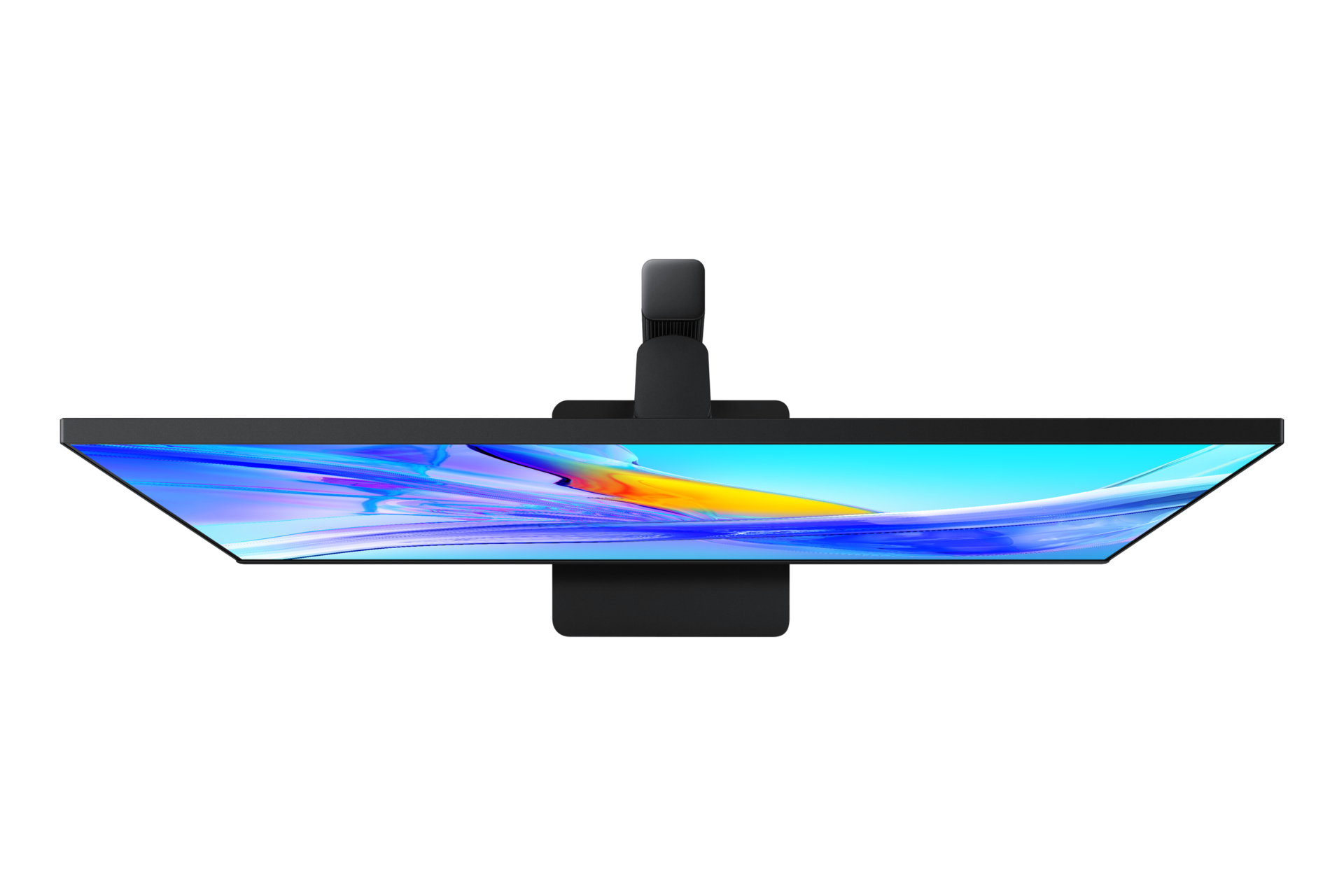 Widok z góry eleganckiego, czarnego monitora komputerowego z niebiesko-żółtym ekranem na białej powierzchni.