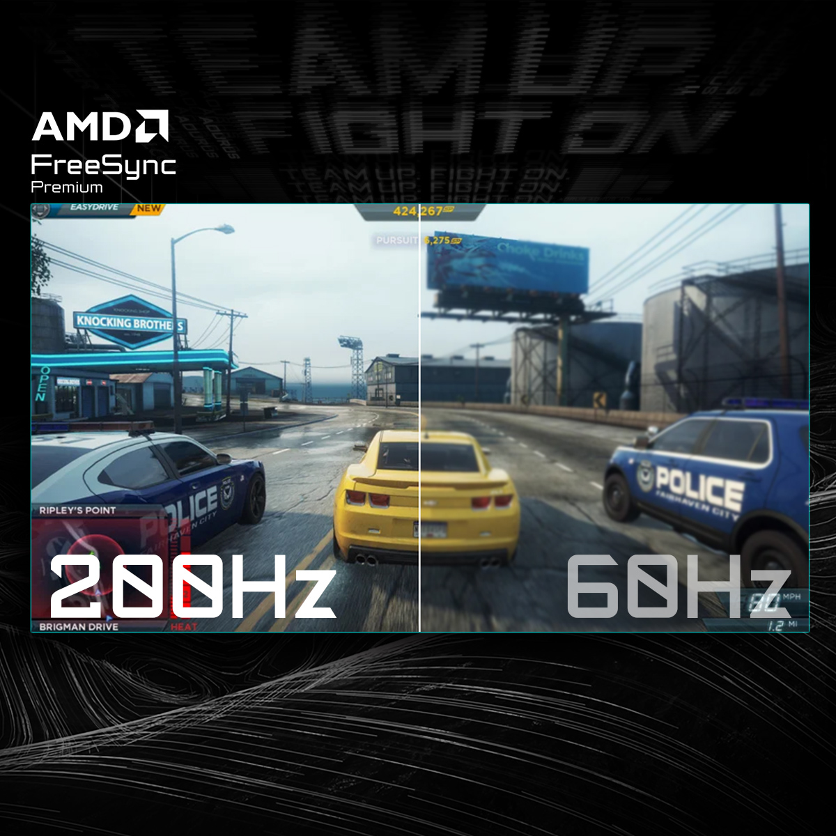 Samochody na torze wyścigowym, z porównaniem wyświetlaczy 280Hz i 60Hz.