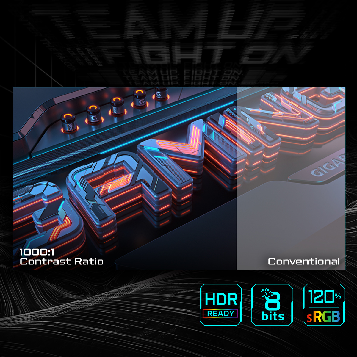 Grafika z napisem 'GEN' w neonie, współczynnikiem kontrastu 1000:1, HDR READY, 8 bitami i 120% sRGB.