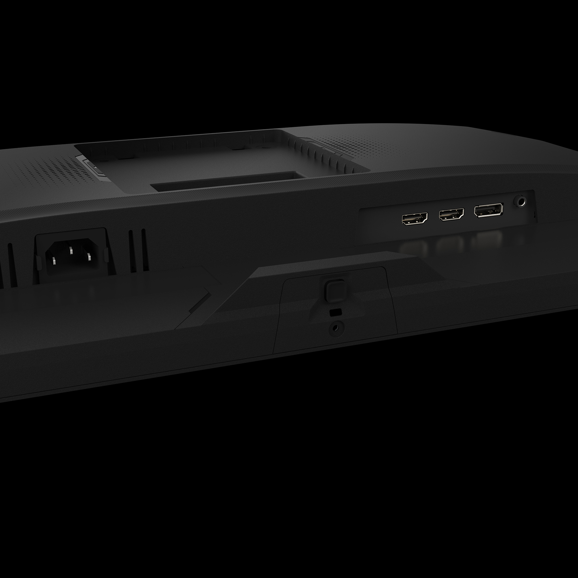 Widok z tyłu monitora z portami i podłączeniem zasilania.