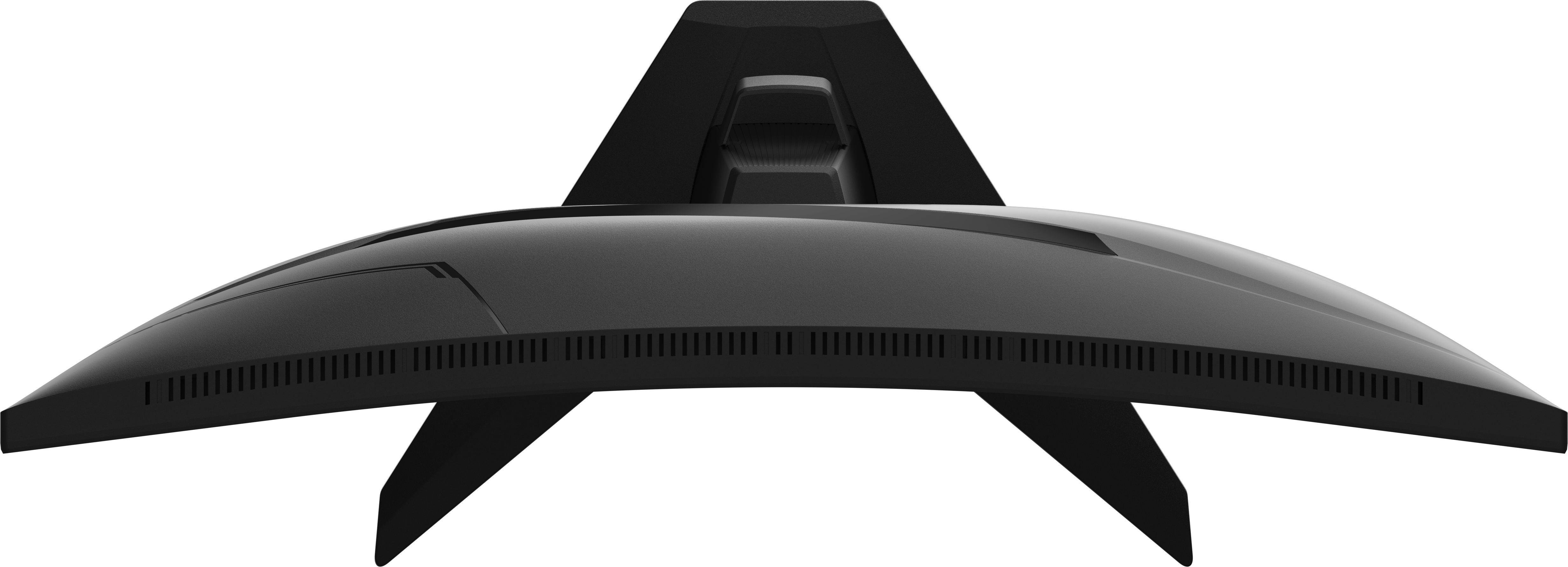 Zakrzywiony czarny monitor, skierowany w dół, z podstawą.