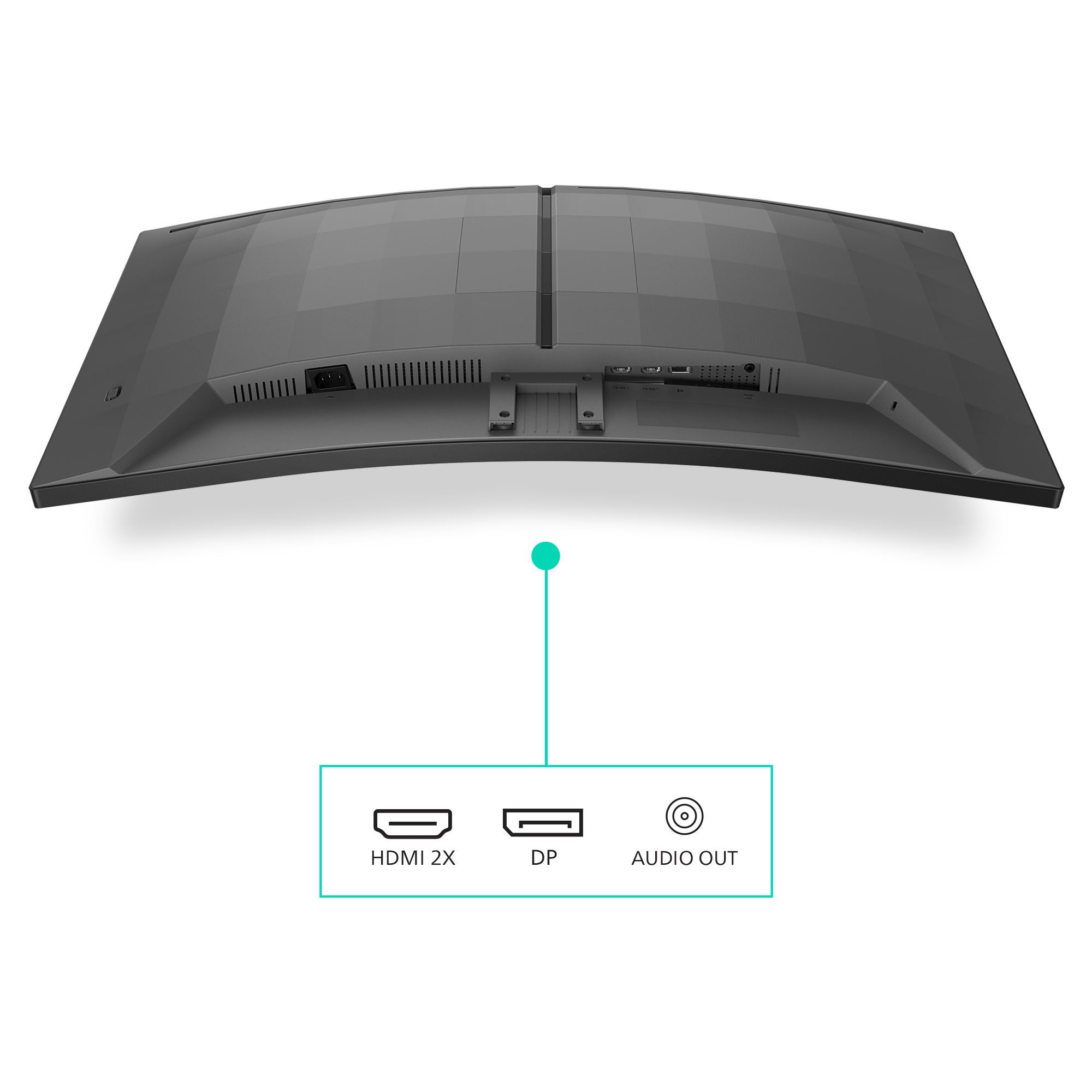 Widok z tyłu zakrzywionego monitora z portami: HDMI, DP i wyjściem audio. Szary kolor.