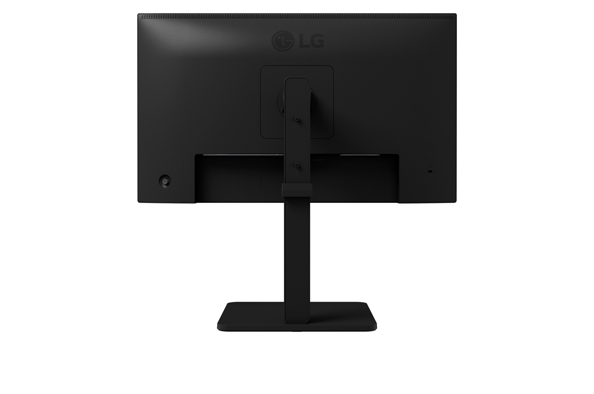 Il retro di un monitor LG nero, che mostra il supporto e le porte. Lo sfondo è bianco.